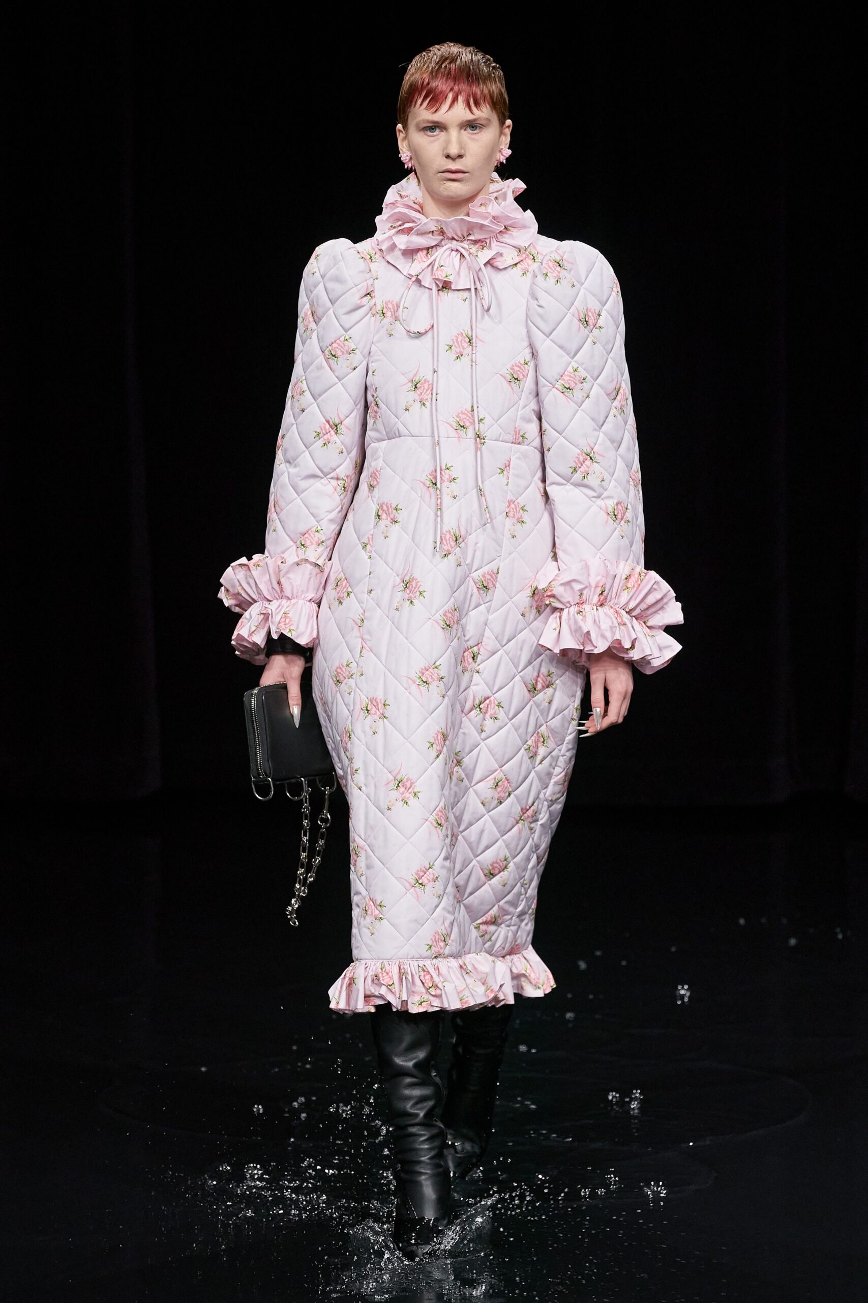 pink cotton long-sleeve high-neck fitted quilted ruffled dress