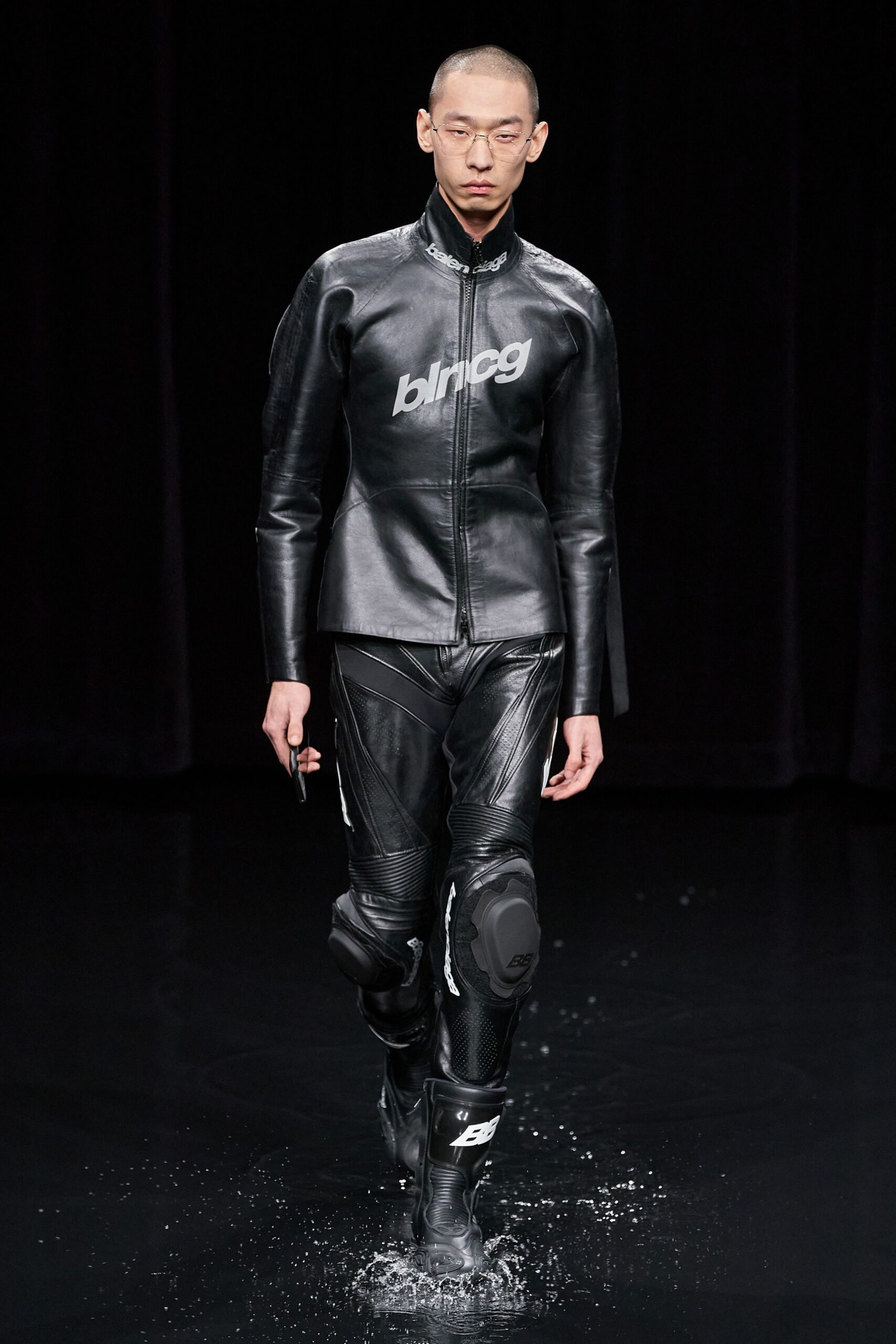 black leather fitted padded pants