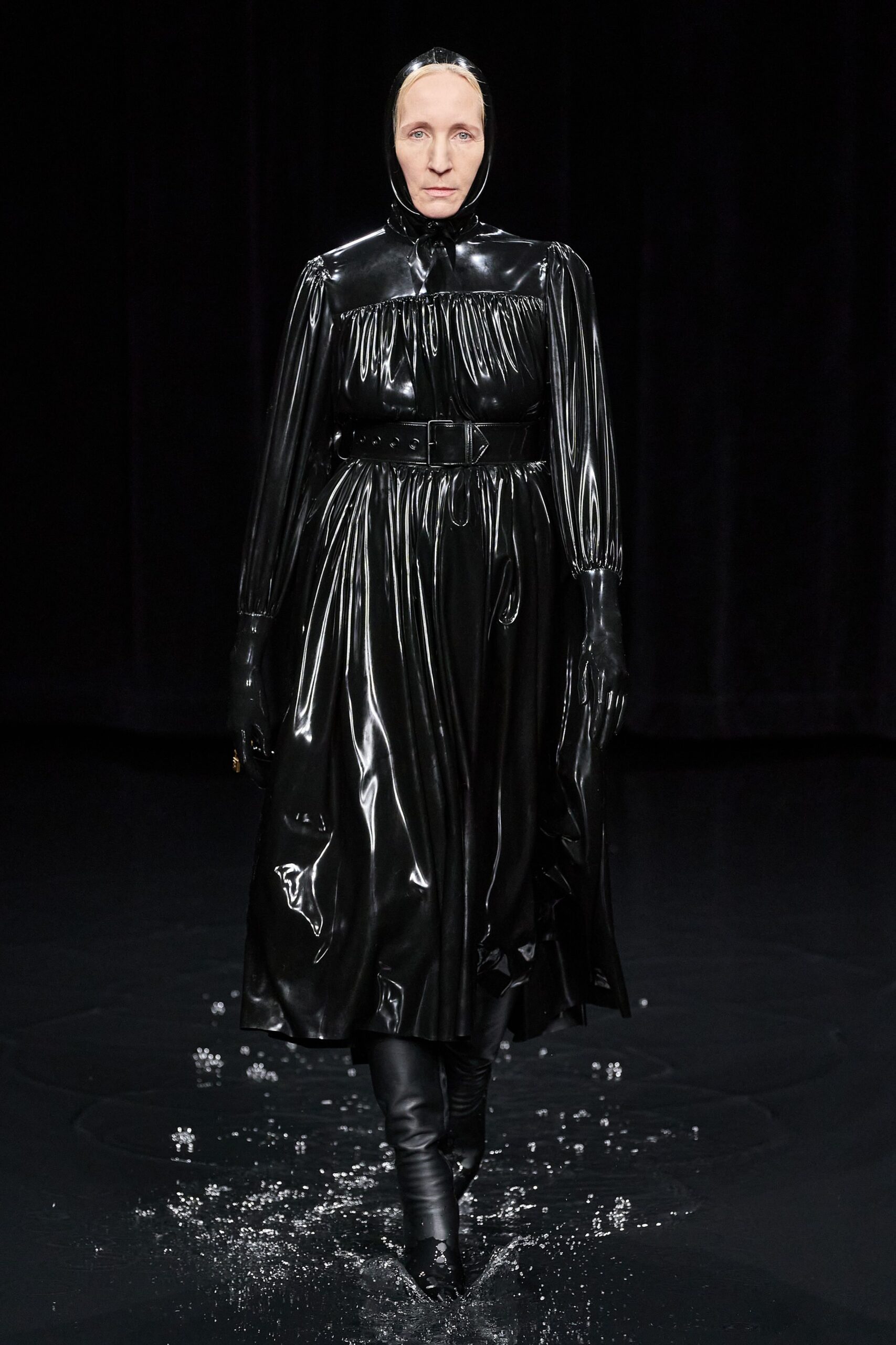 black vinyl long-sleeve collared fitted pleated belted dress