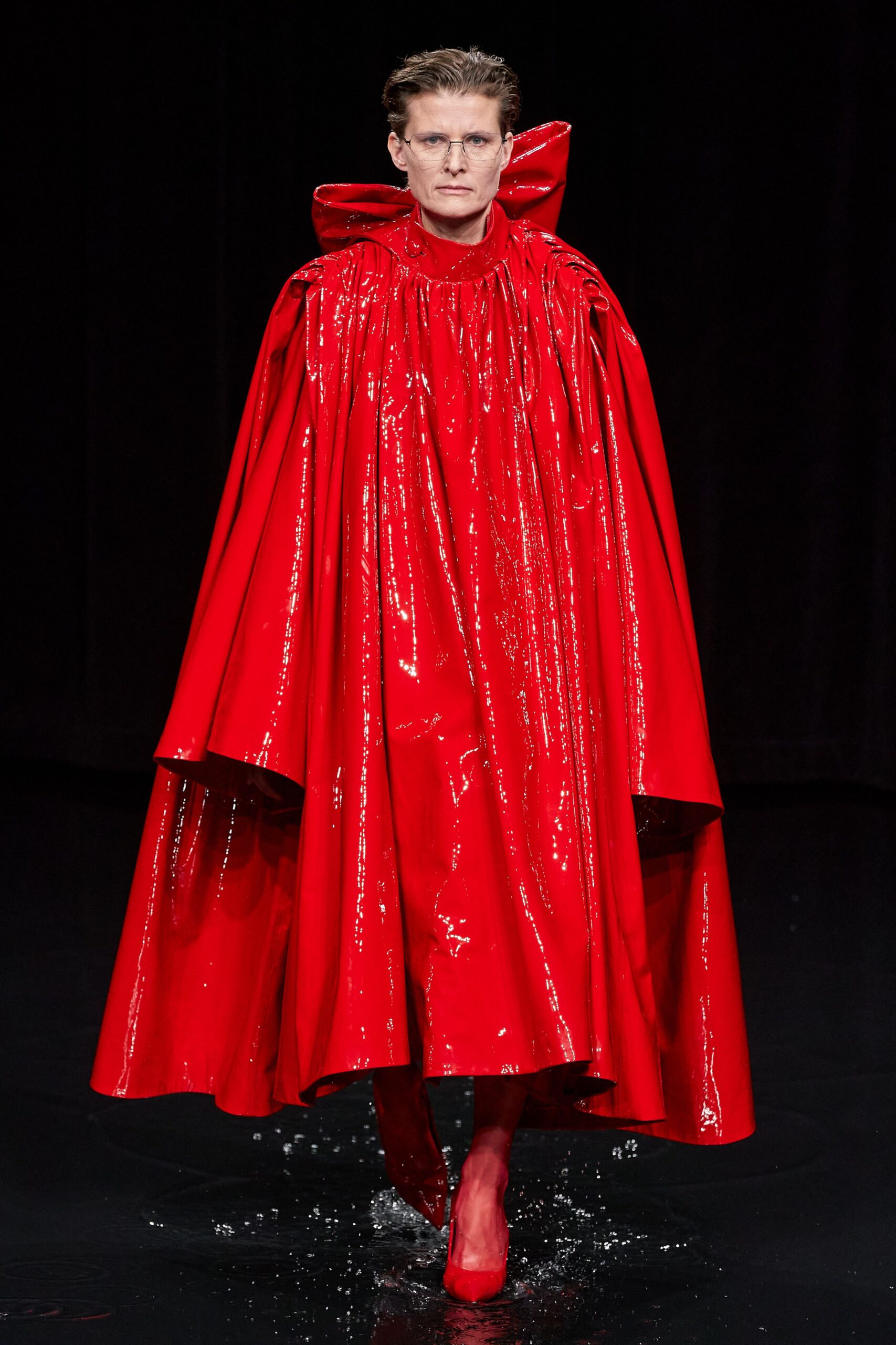 red vinyl oversized pleated shiny cape