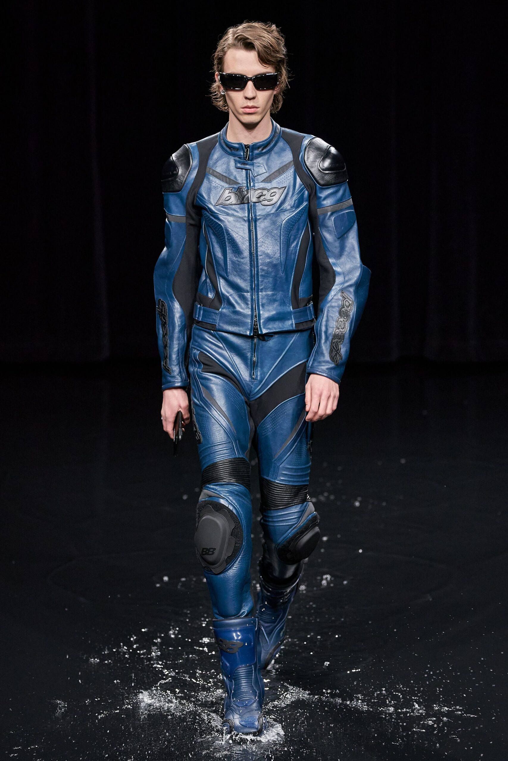 blue leather long-sleeve collared fitted zippered padded catsuit