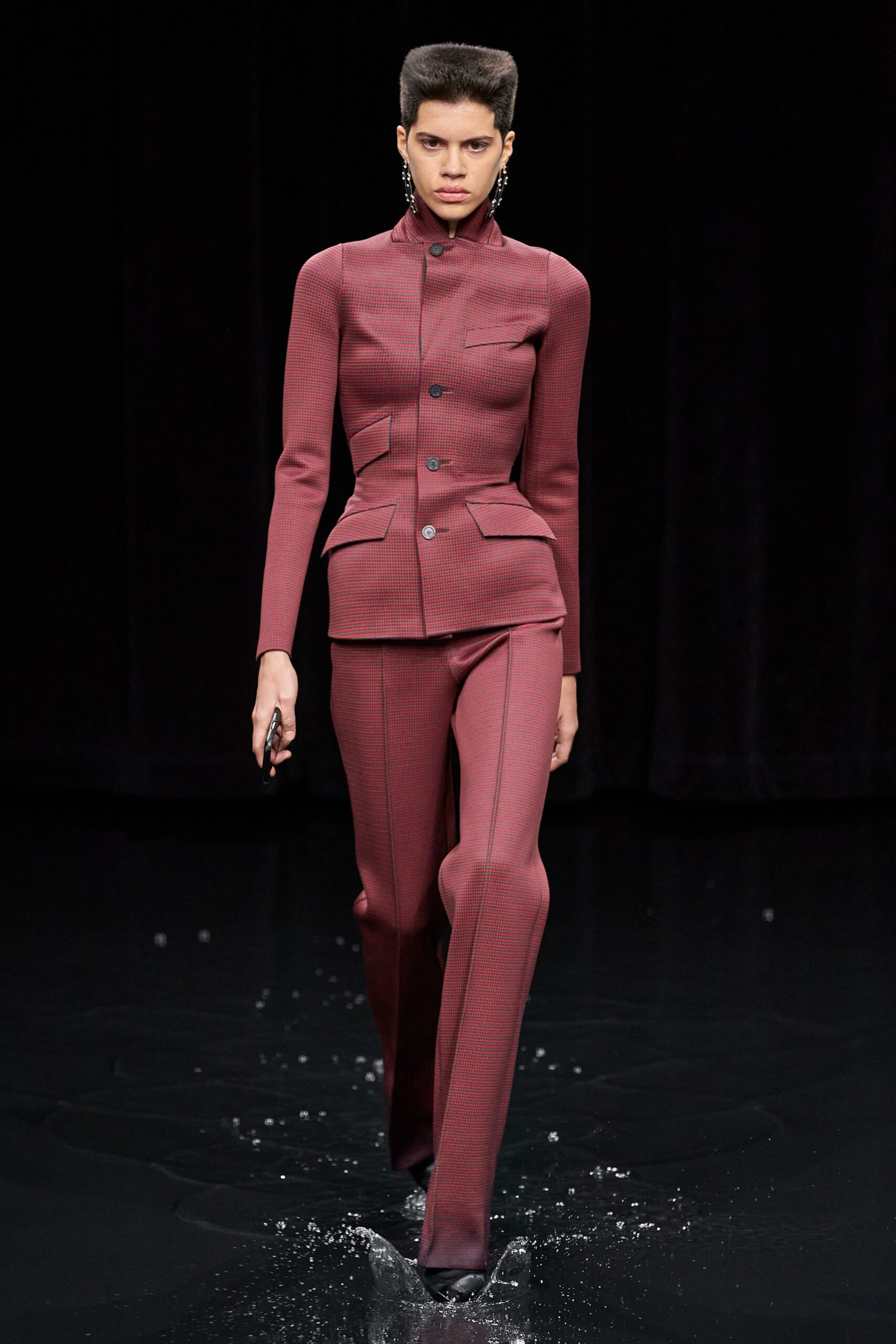 red cotton fitted straight-leg pants