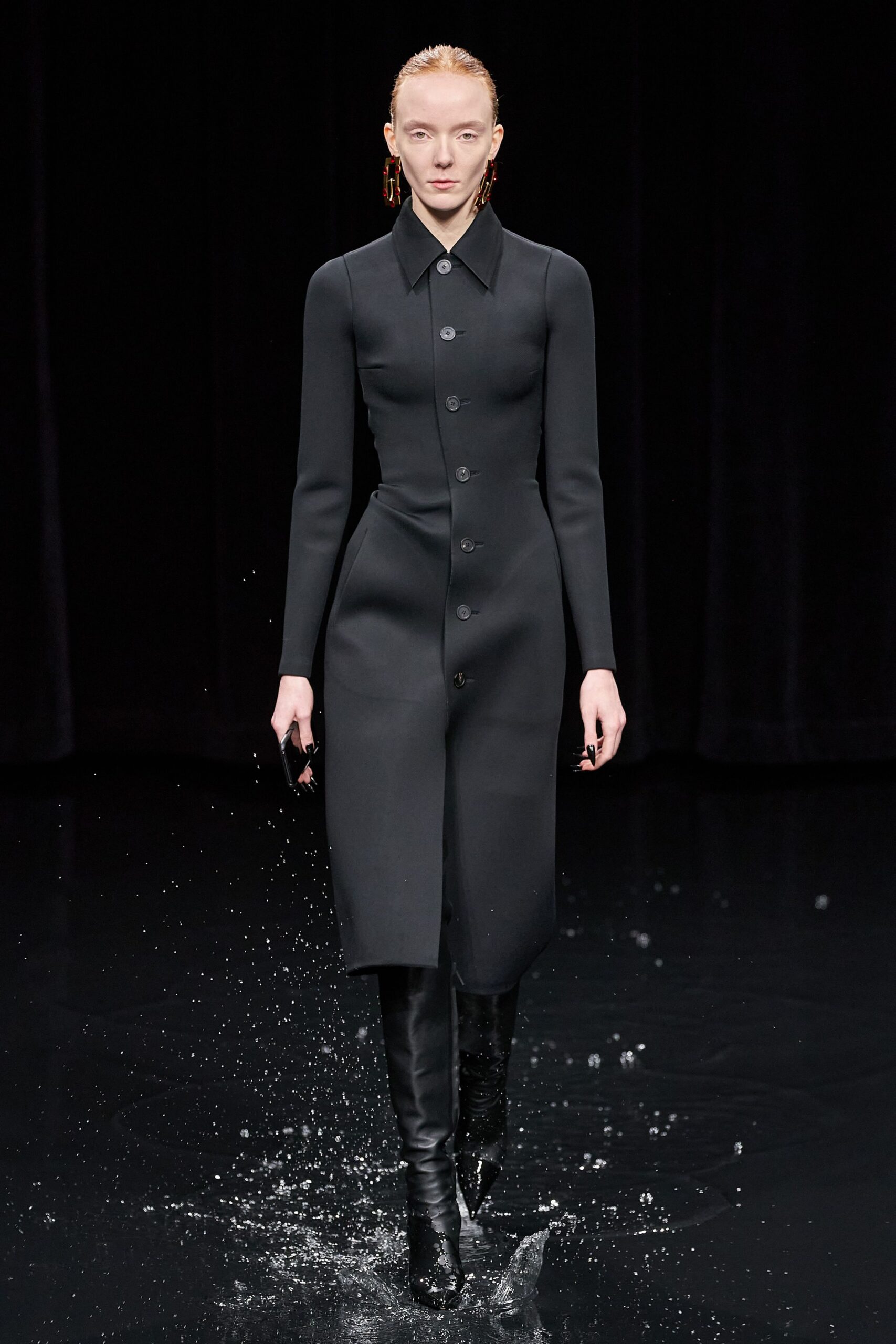 black neoprene long-sleeve collared fitted buttoned straight-leg dress