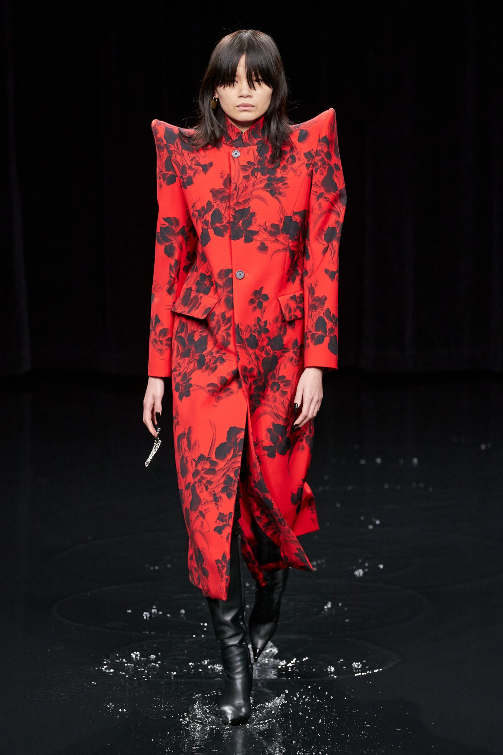 red silk long-sleeve collared structured floral buttoned coat