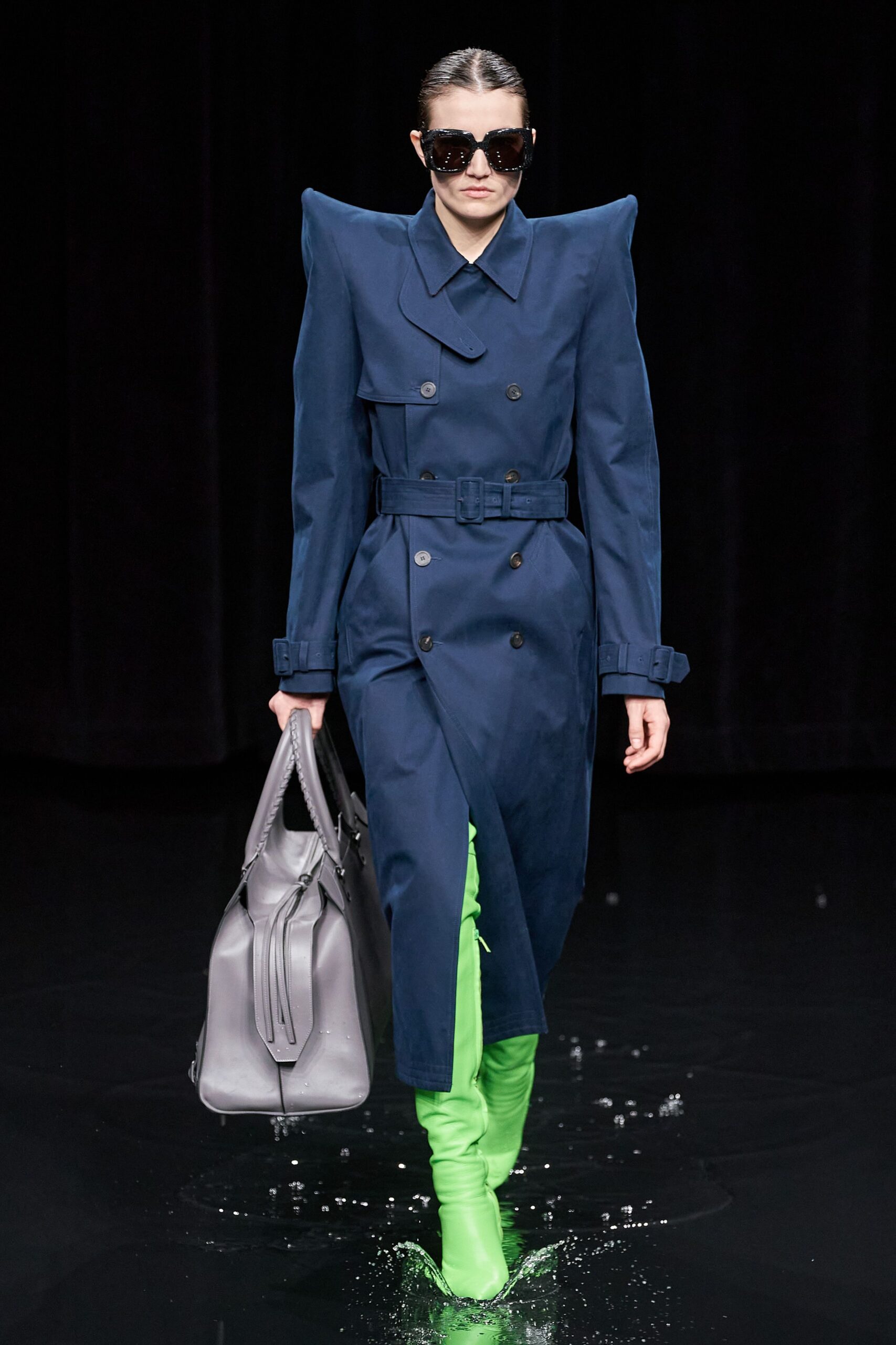 blue cotton long-sleeve collared structured belted trench