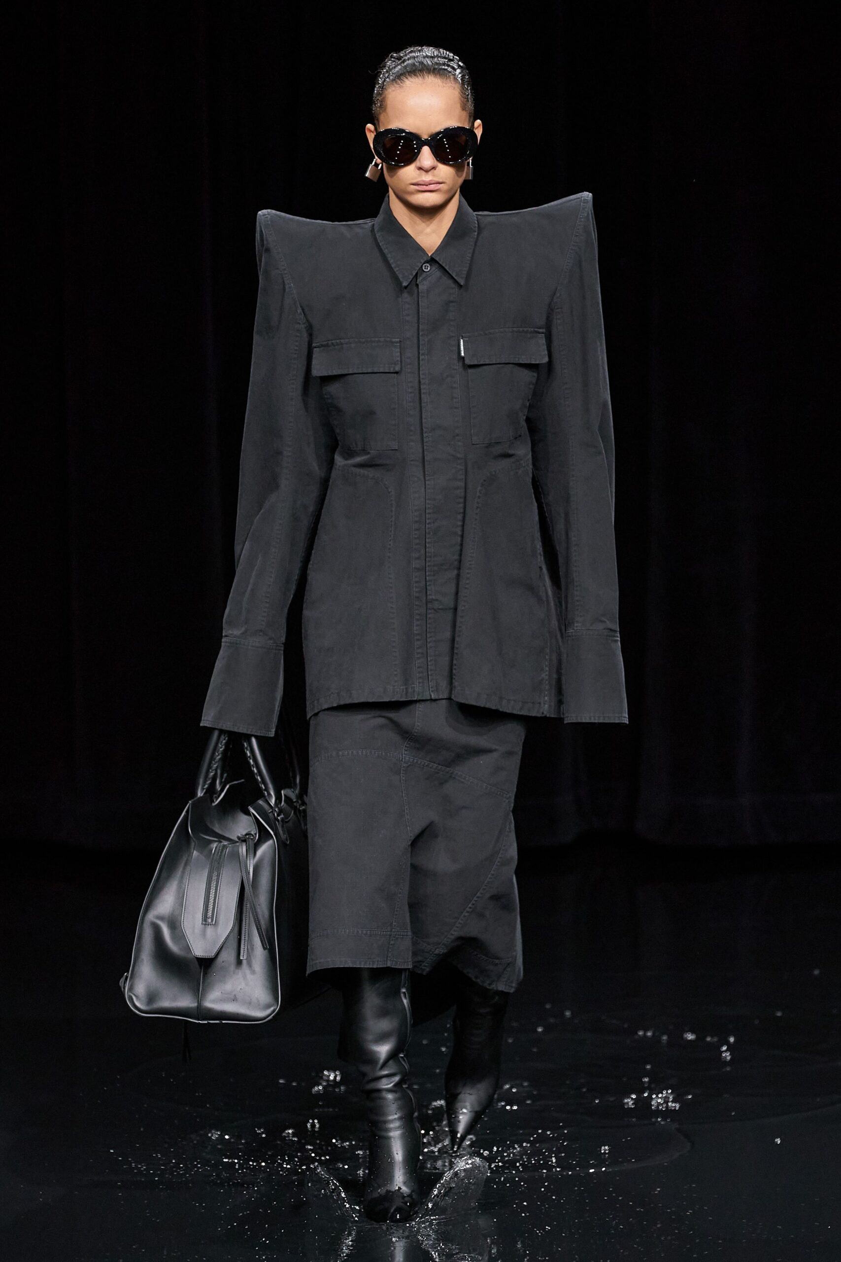 black cotton long-sleeve collared fitted zippered straight-leg dress