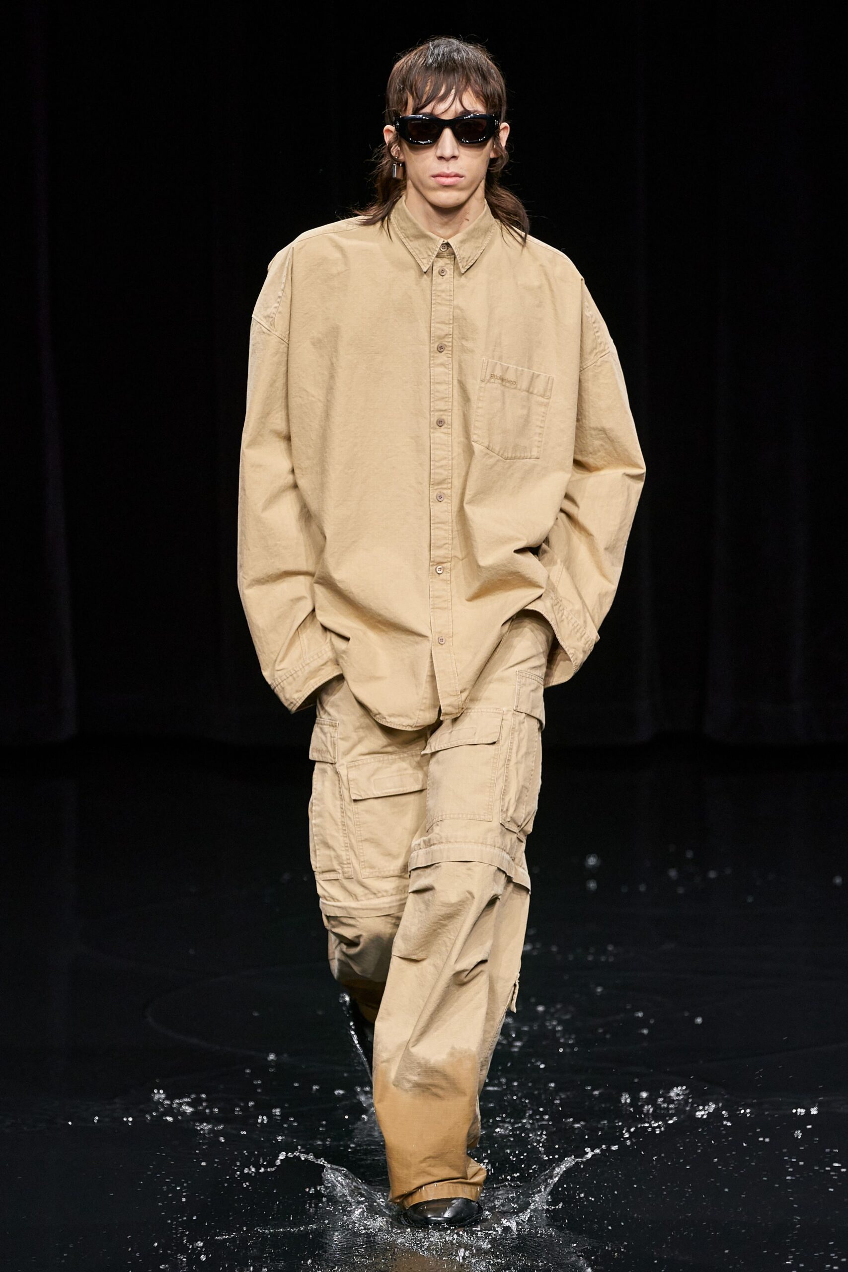 beige cotton long-sleeve collared oversized shirt
