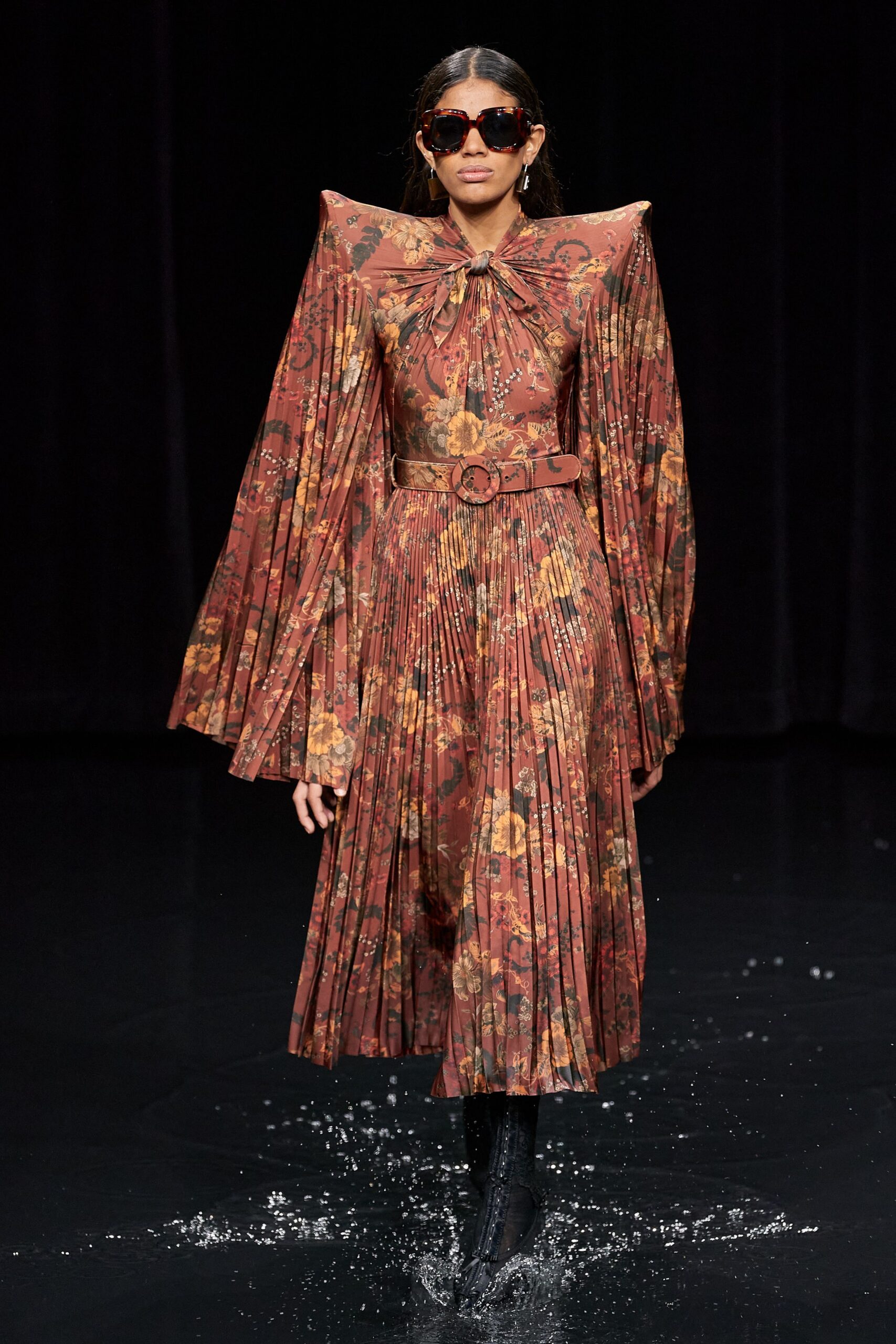 brown silk long-sleeve collared fitted pleated flared dress
