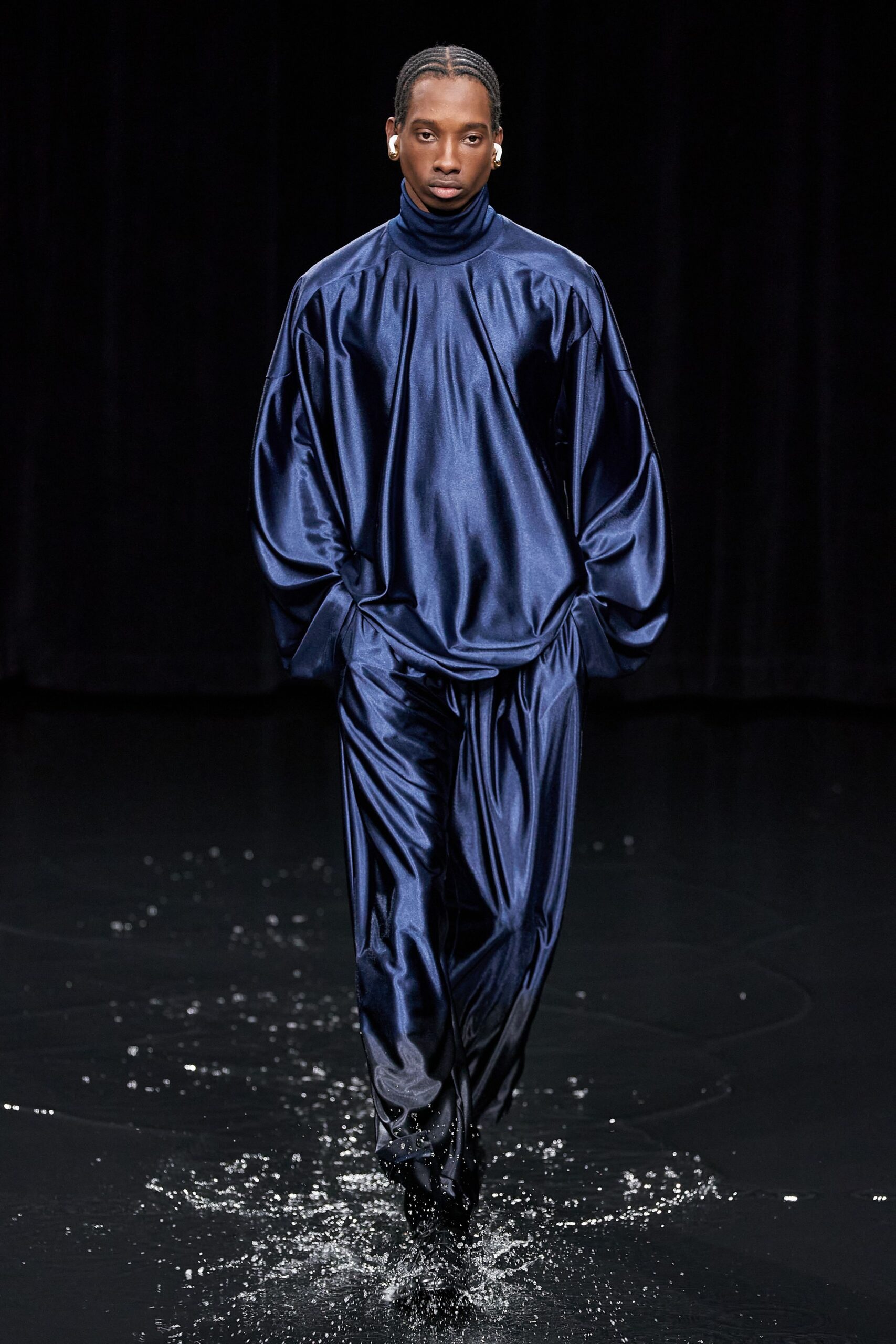 blue silk long-sleeve turtleneck relaxed draped shiny top