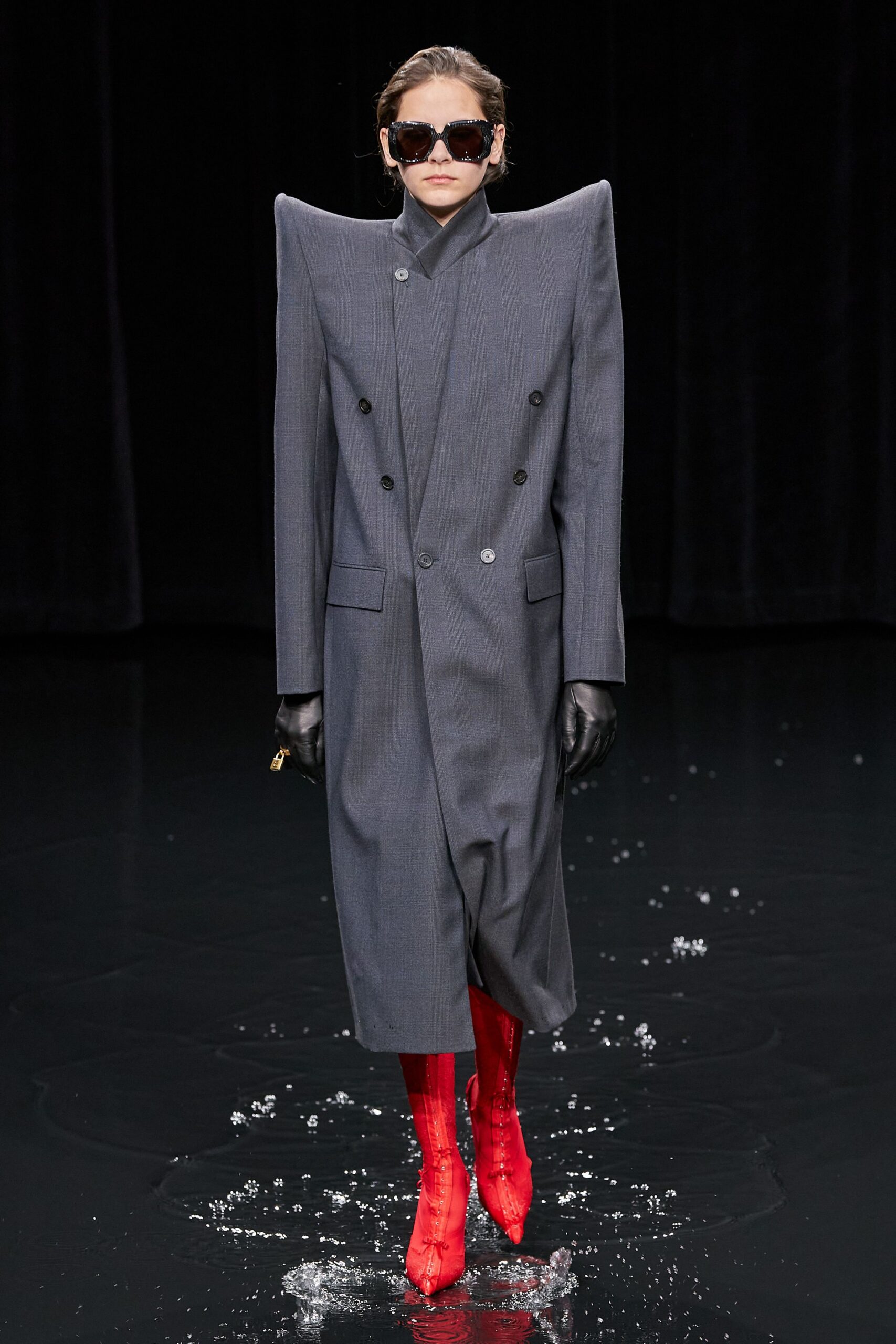 gray wool long-sleeve double-breasted structured pleated midi coat