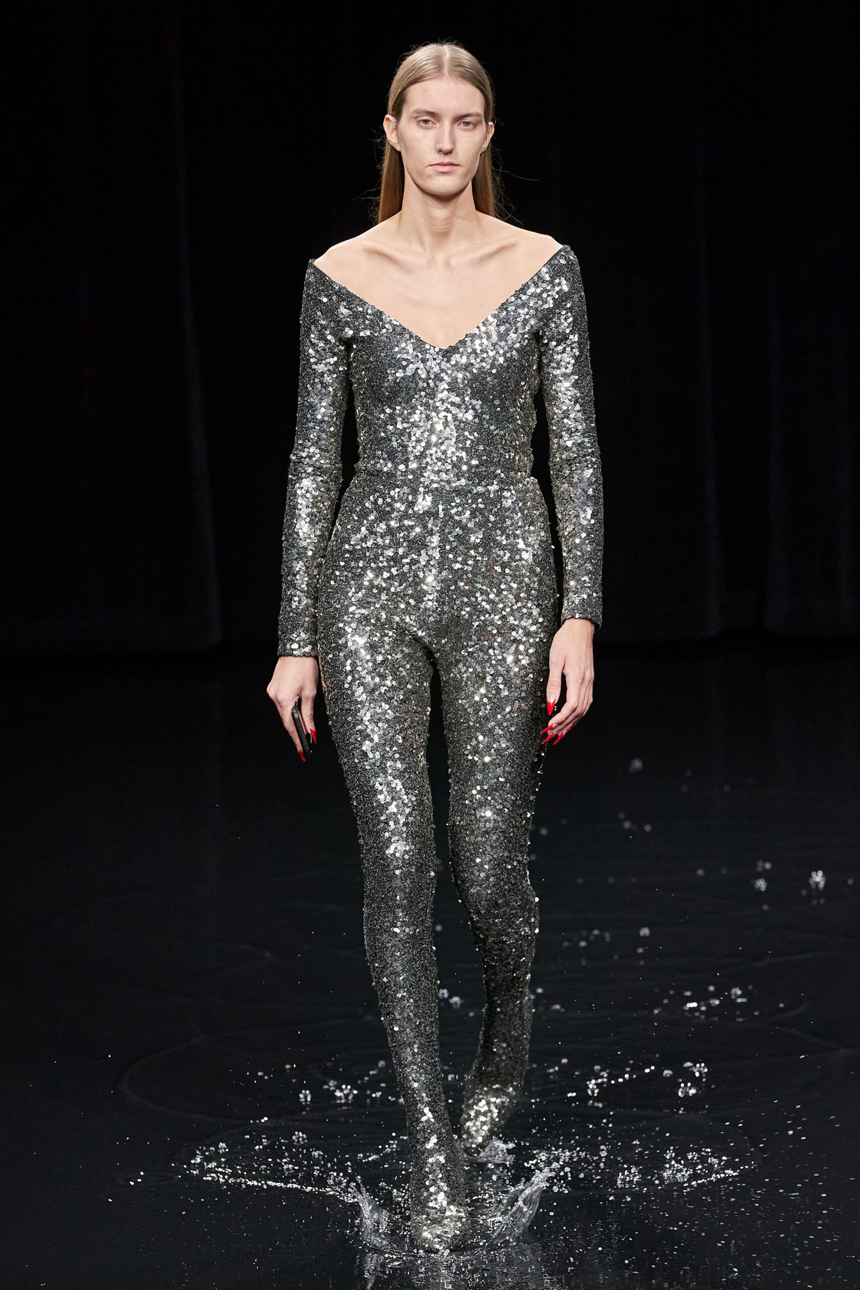 silver sequin fitted catsuit
