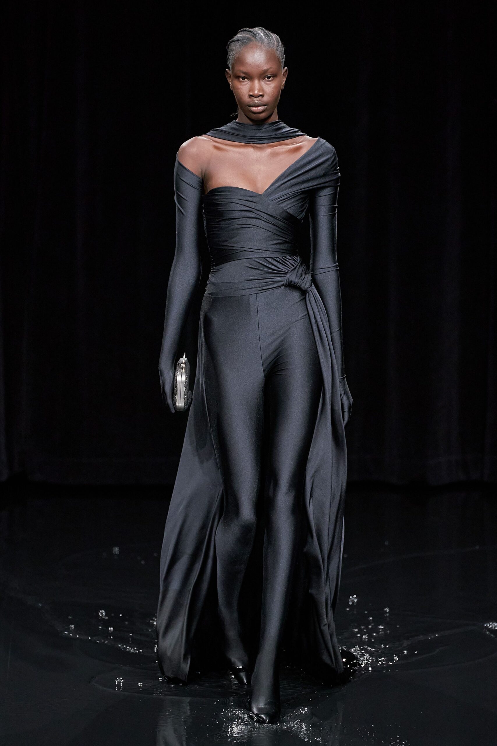black silk sleeveless off-shoulder fitted draped shiny gown