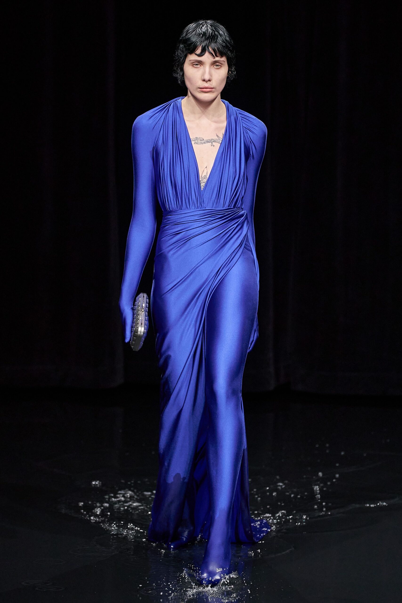 blue silk fitted gown