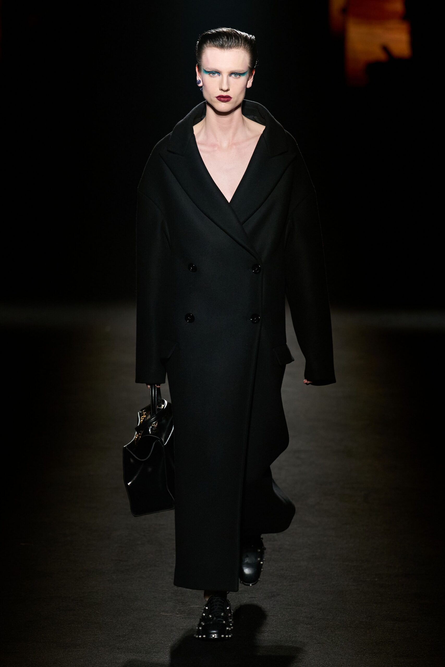 black wool long-sleeve v-neck oversized maxi coat