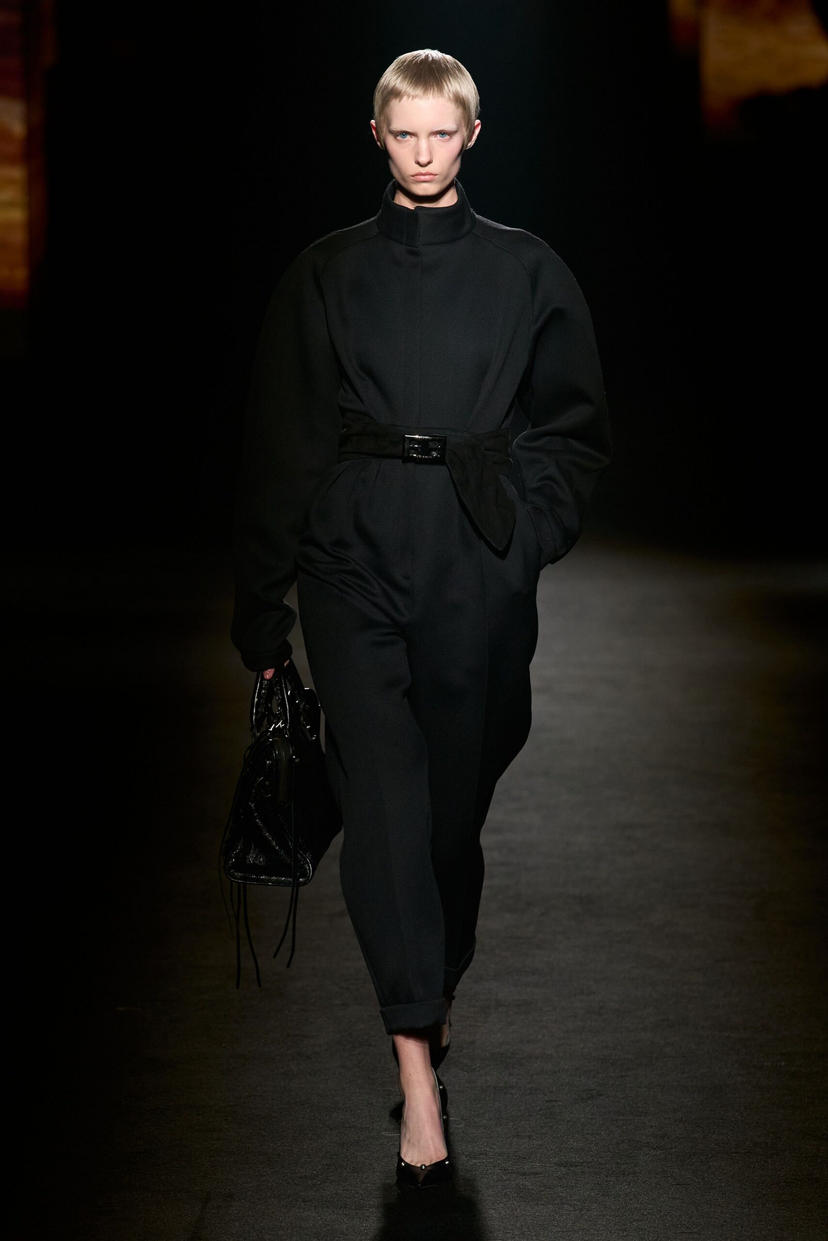 black cotton long-sleeve collared fitted belted jumpsuit
