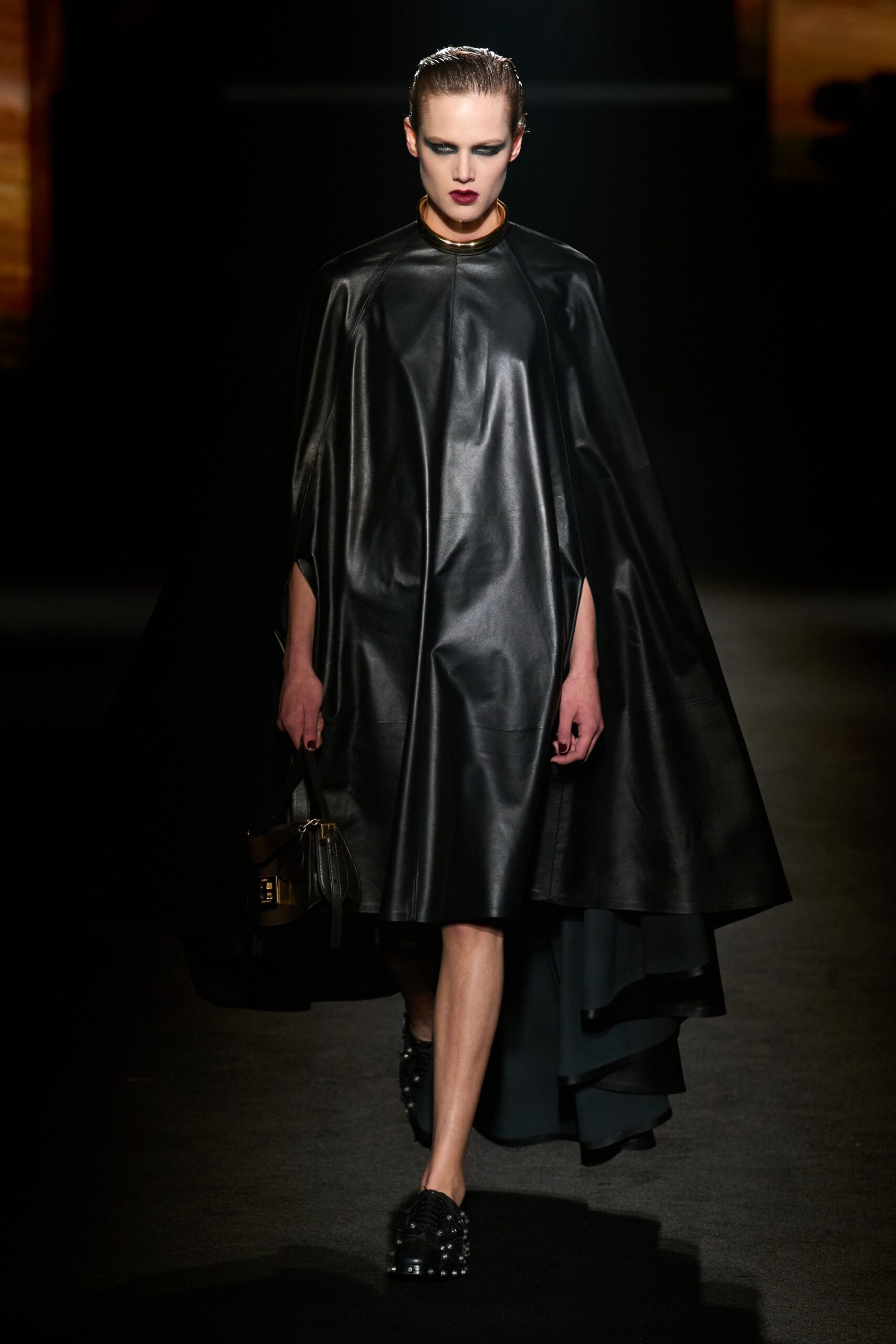 black leather sleeveless relaxed draped midi cape