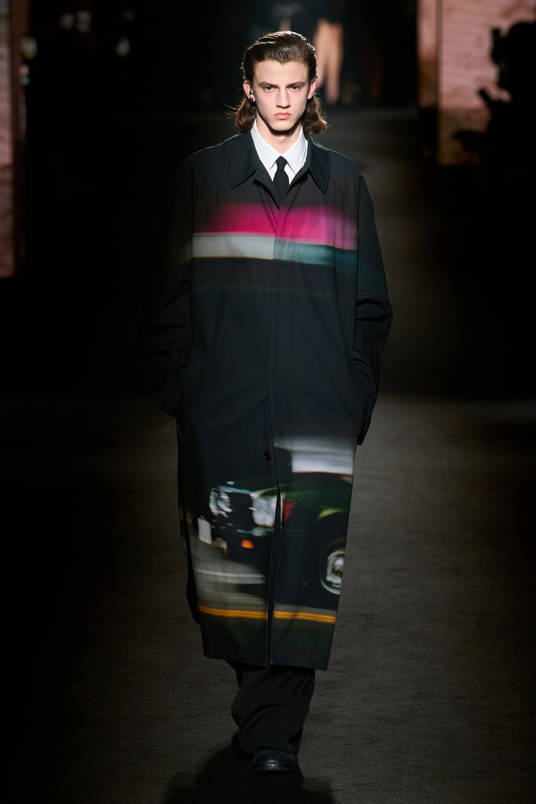 black cotton long-sleeve collared relaxed printed maxi coat