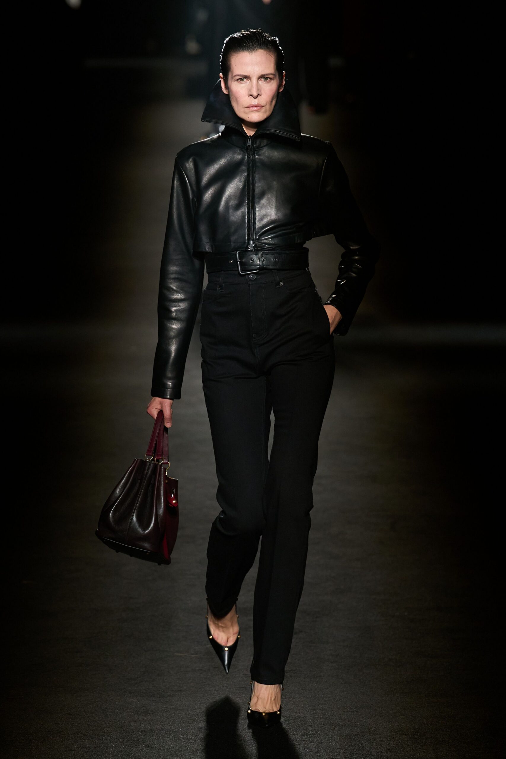 black denim high-waisted straight-leg pants