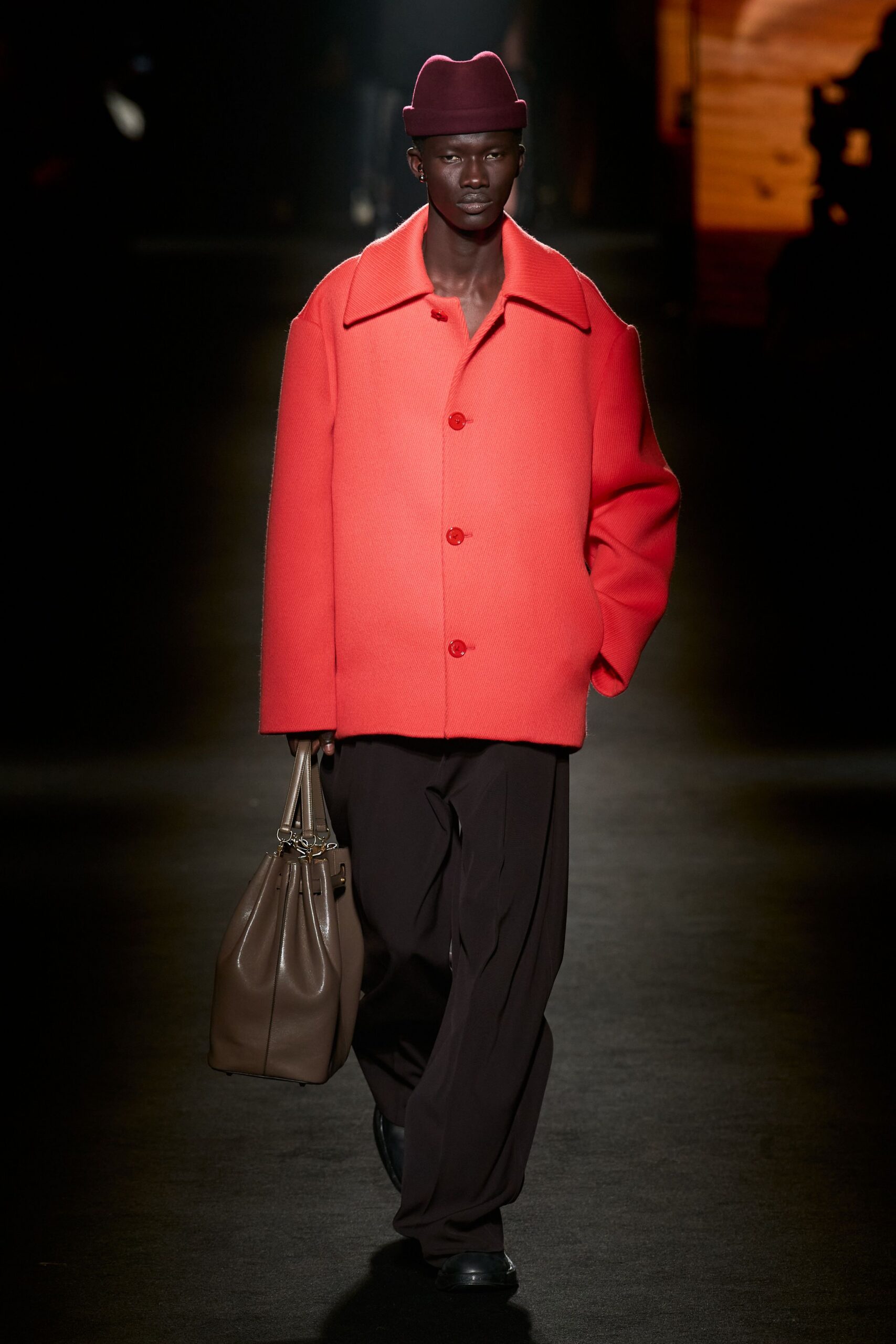 red wool long-sleeve collared relaxed coat