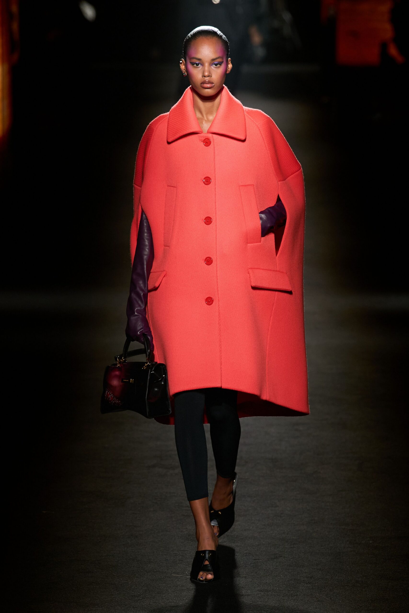 red wool long-sleeve collared relaxed buttoned cape