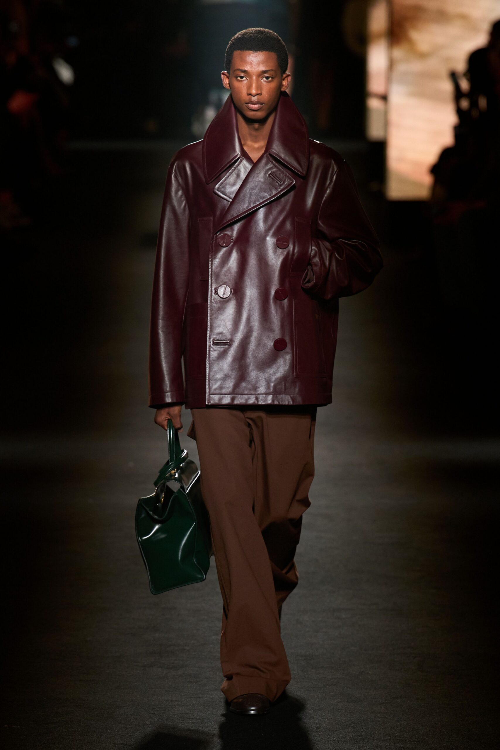 maroon leather long-sleeve collared relaxed buttoned jacket