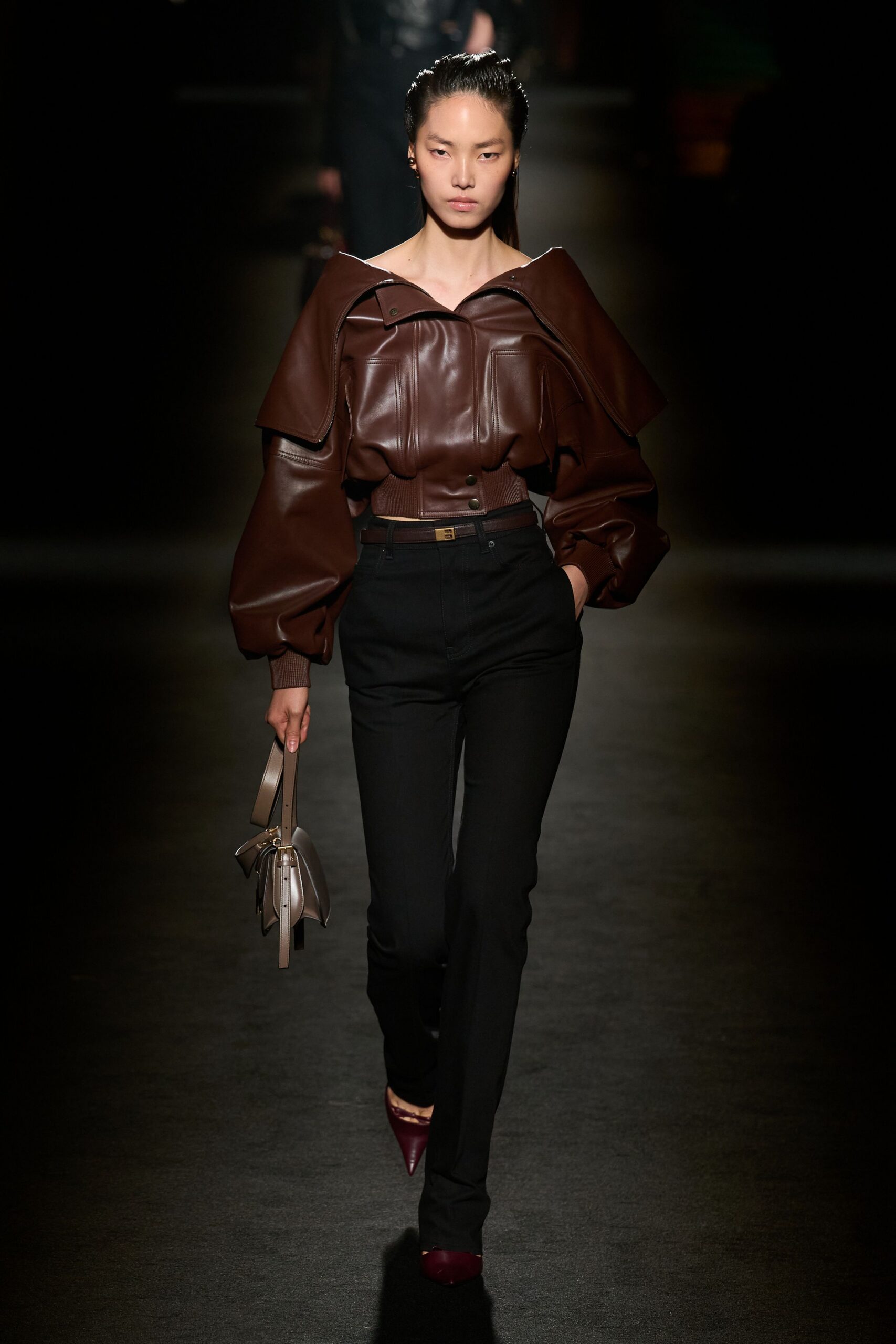 brown leather long-sleeve collared fitted ruffled top