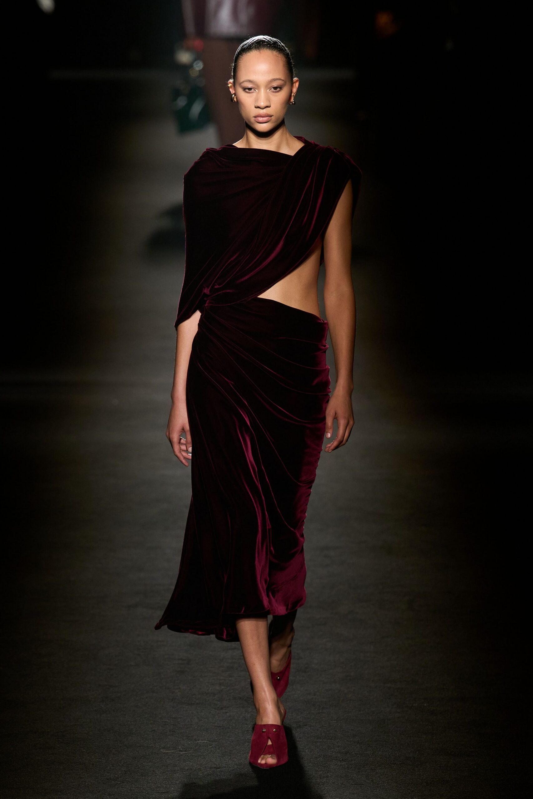 red velvet sleeveless asymmetric fitted draped midi dress