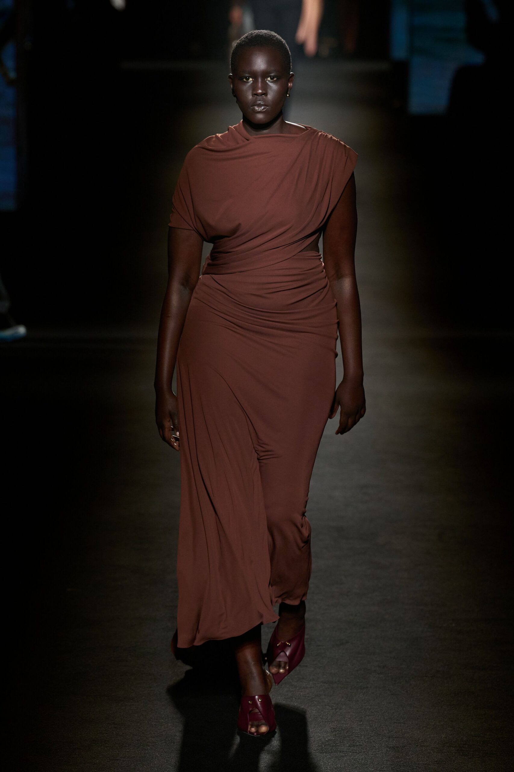 brown cotton sleeveless v-neck fitted draped maxi gown