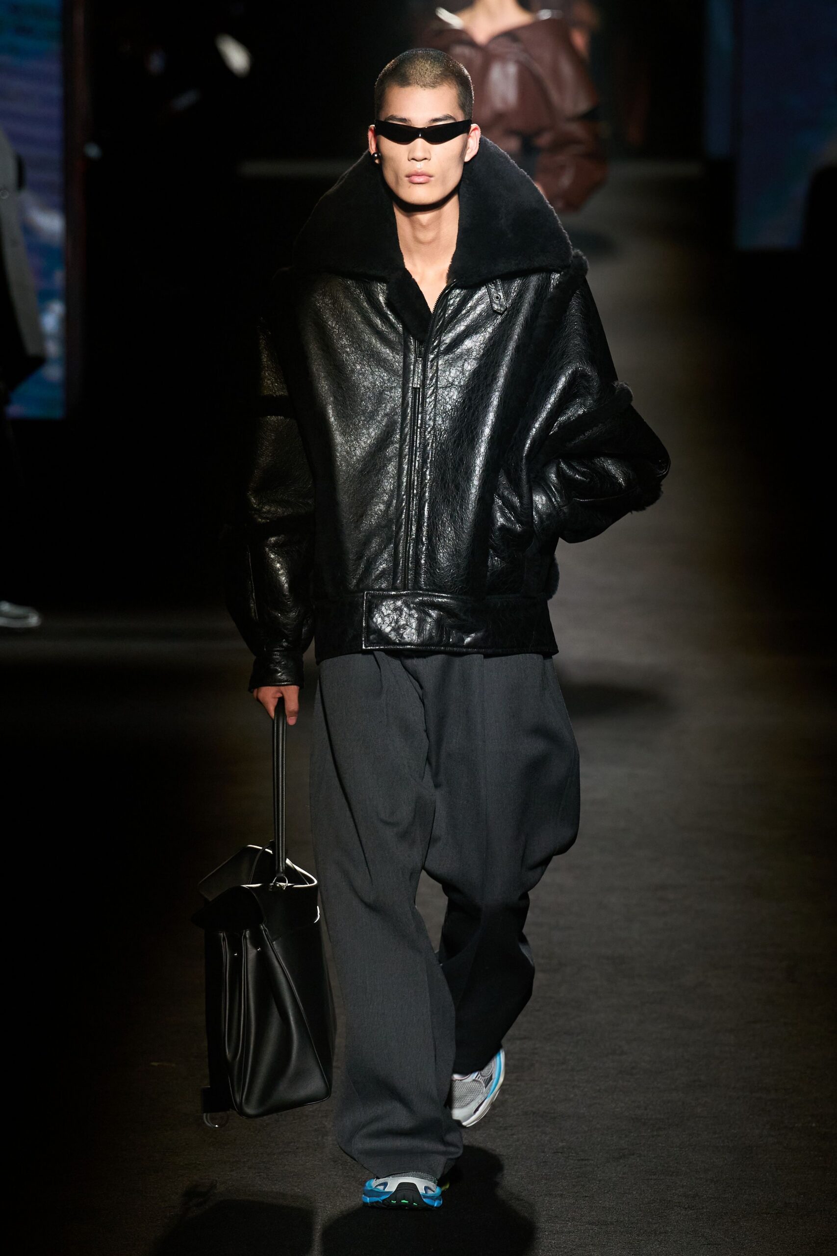 black leather long-sleeve collared oversized jacket