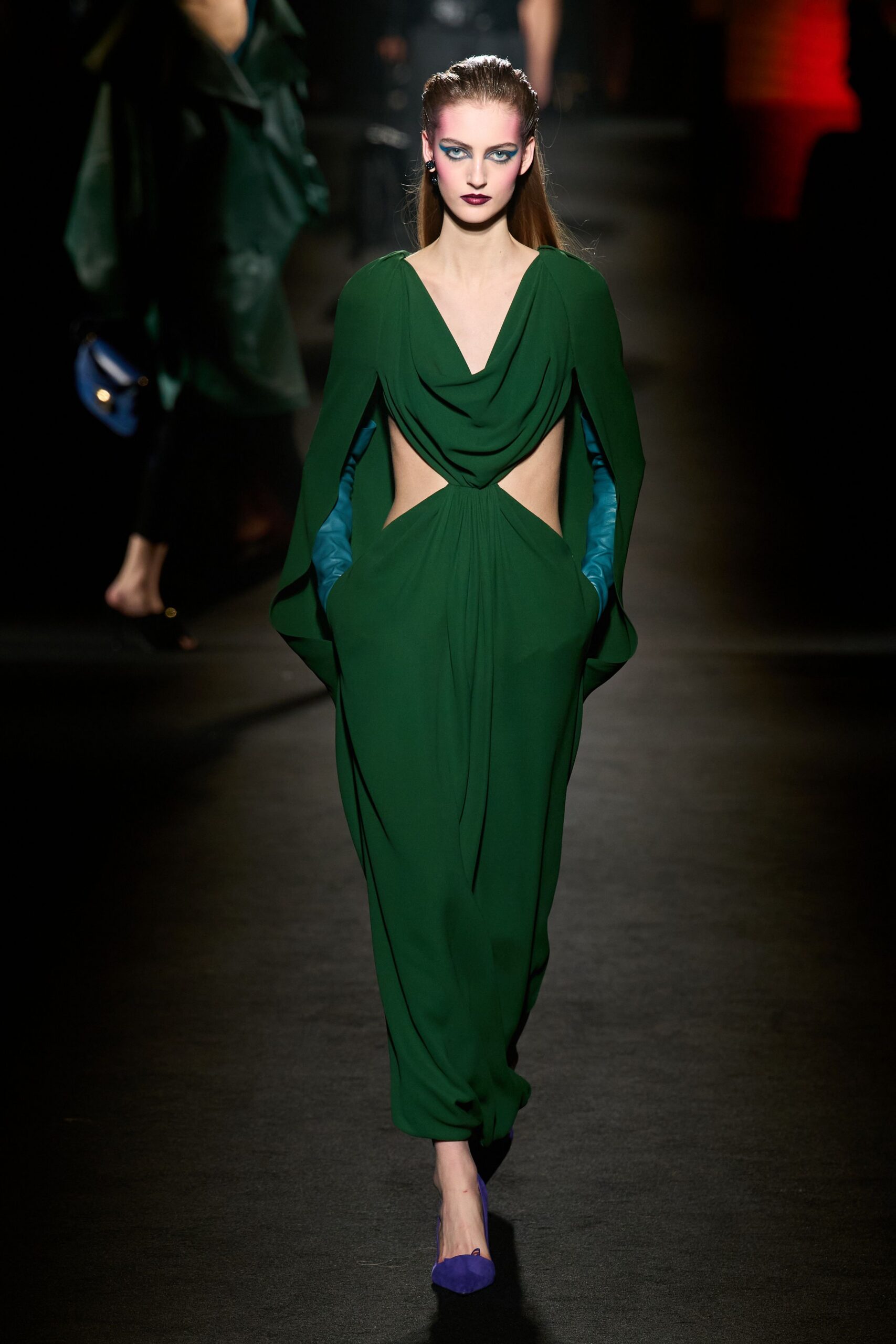 green silk long-sleeve backless fitted draped maxi gown