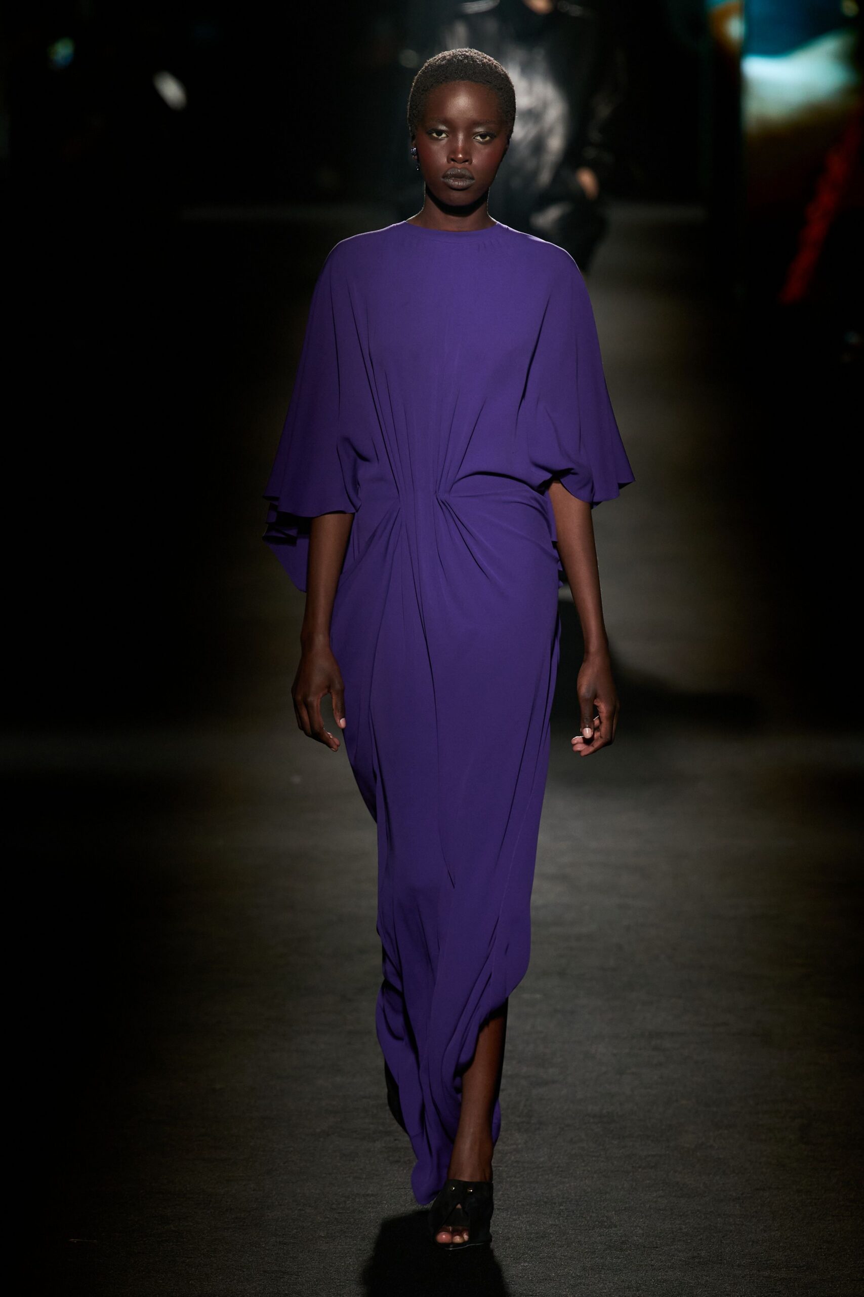 purple silk sleeveless fitted draped flowing maxi gown