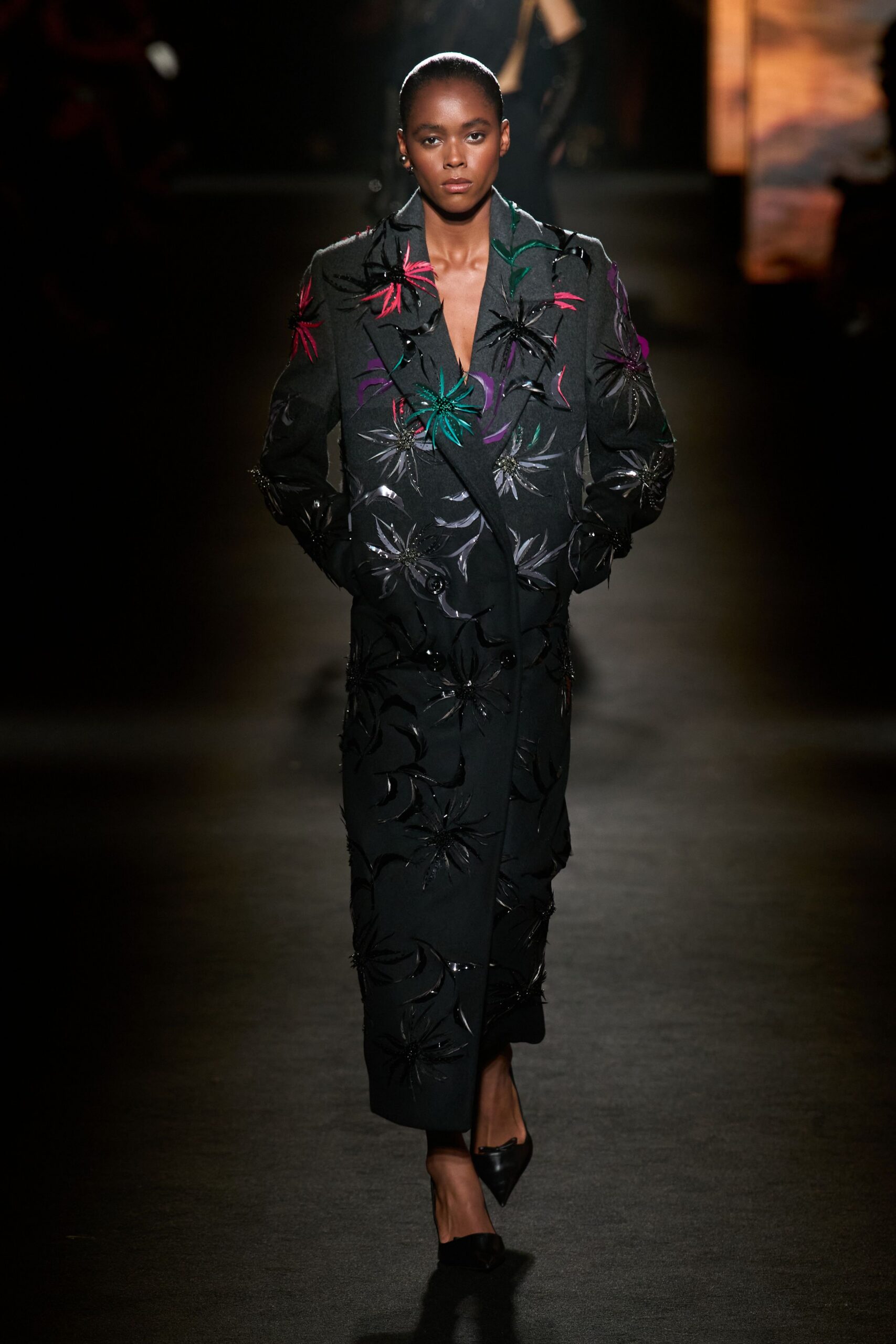 black silk long-sleeve v-neck fitted embroidered coat