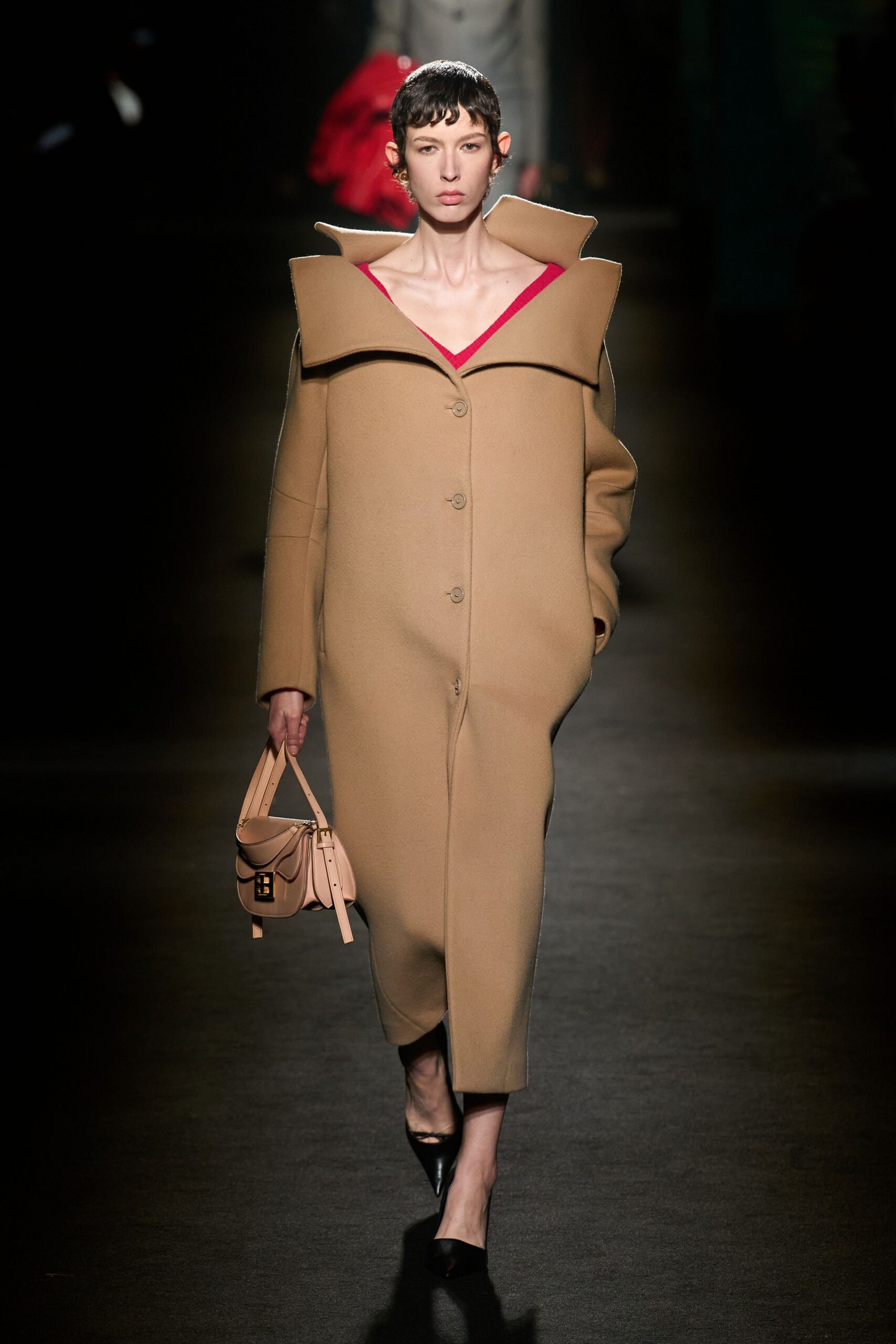 beige wool long-sleeve collared relaxed buttoned midi coat