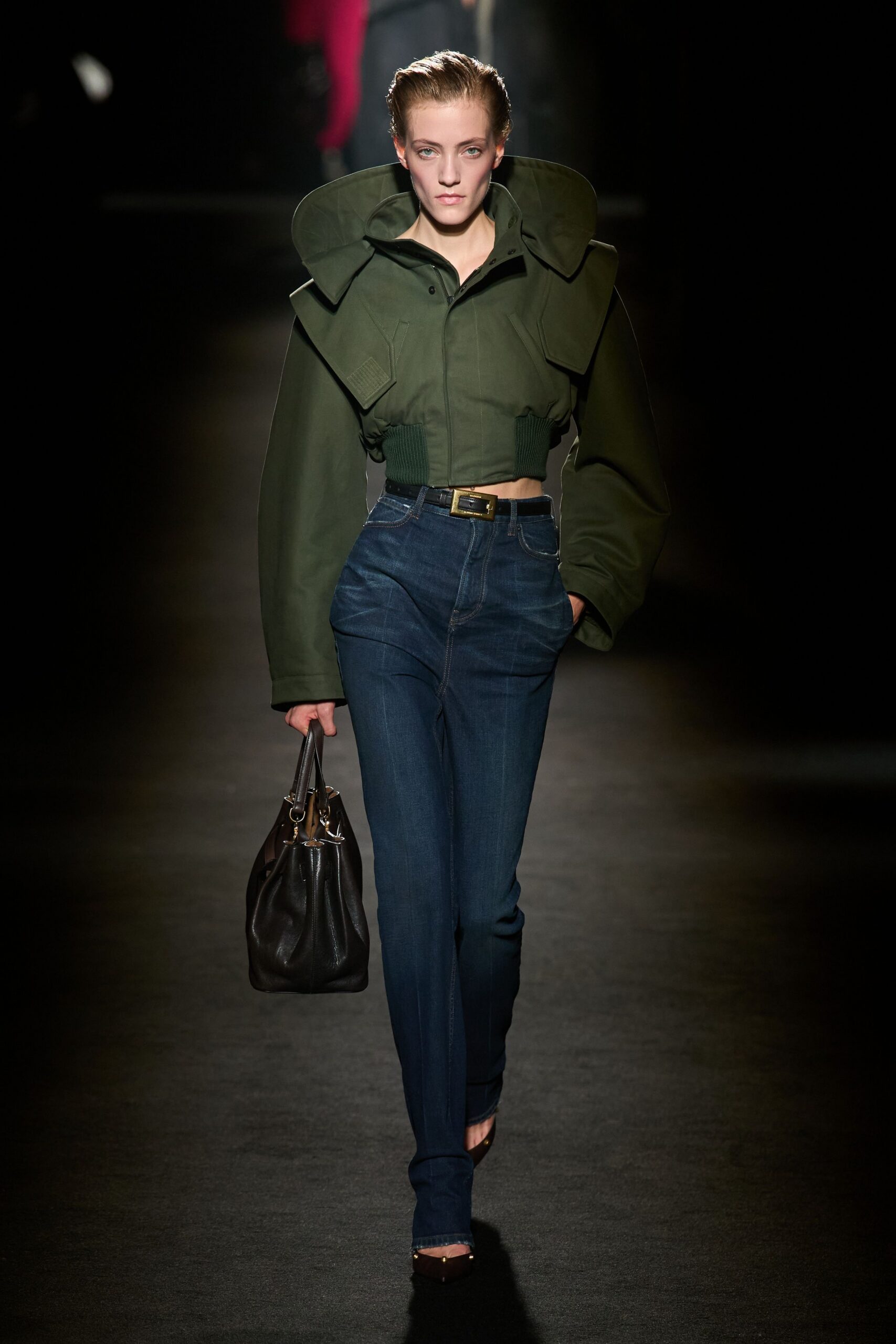 green cotton long-sleeve collared fitted zippered jacket