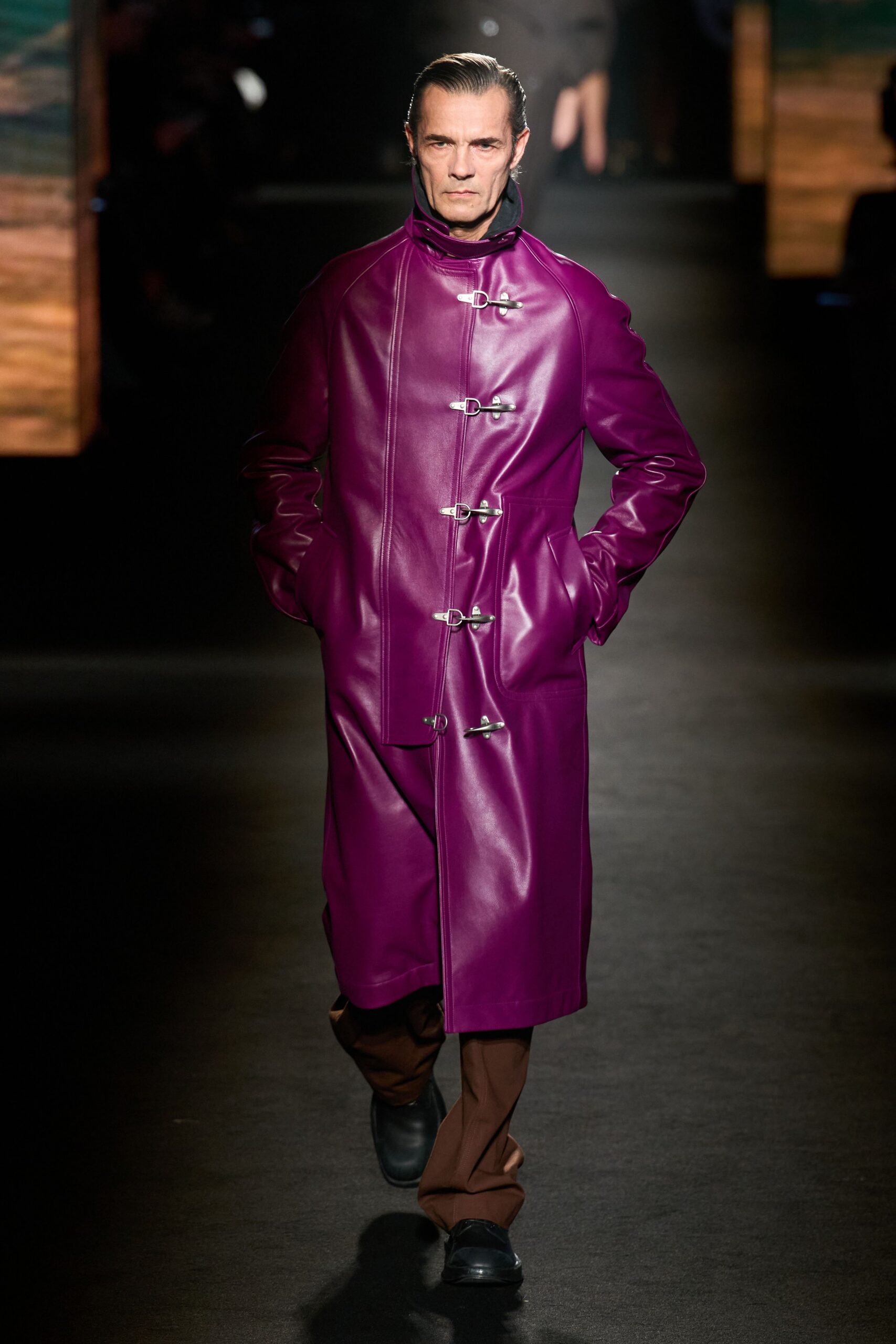 purple leather long-sleeve collared fitted zippered coat
