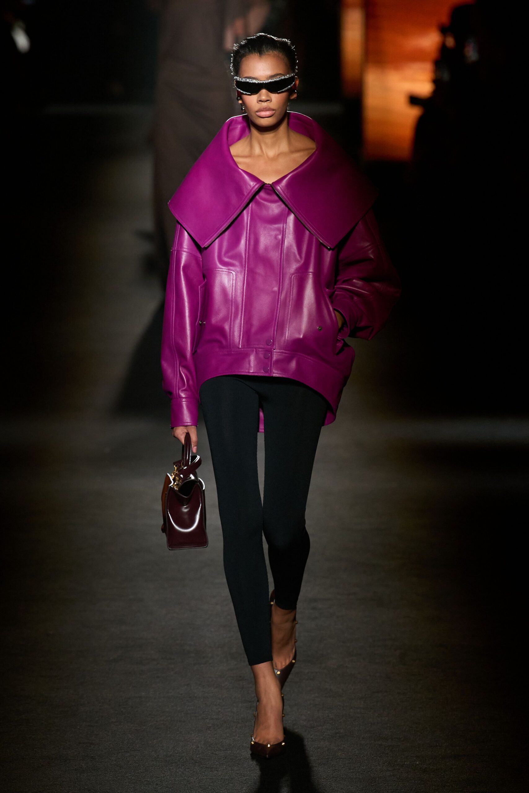 purple leather long-sleeve collared oversized top
