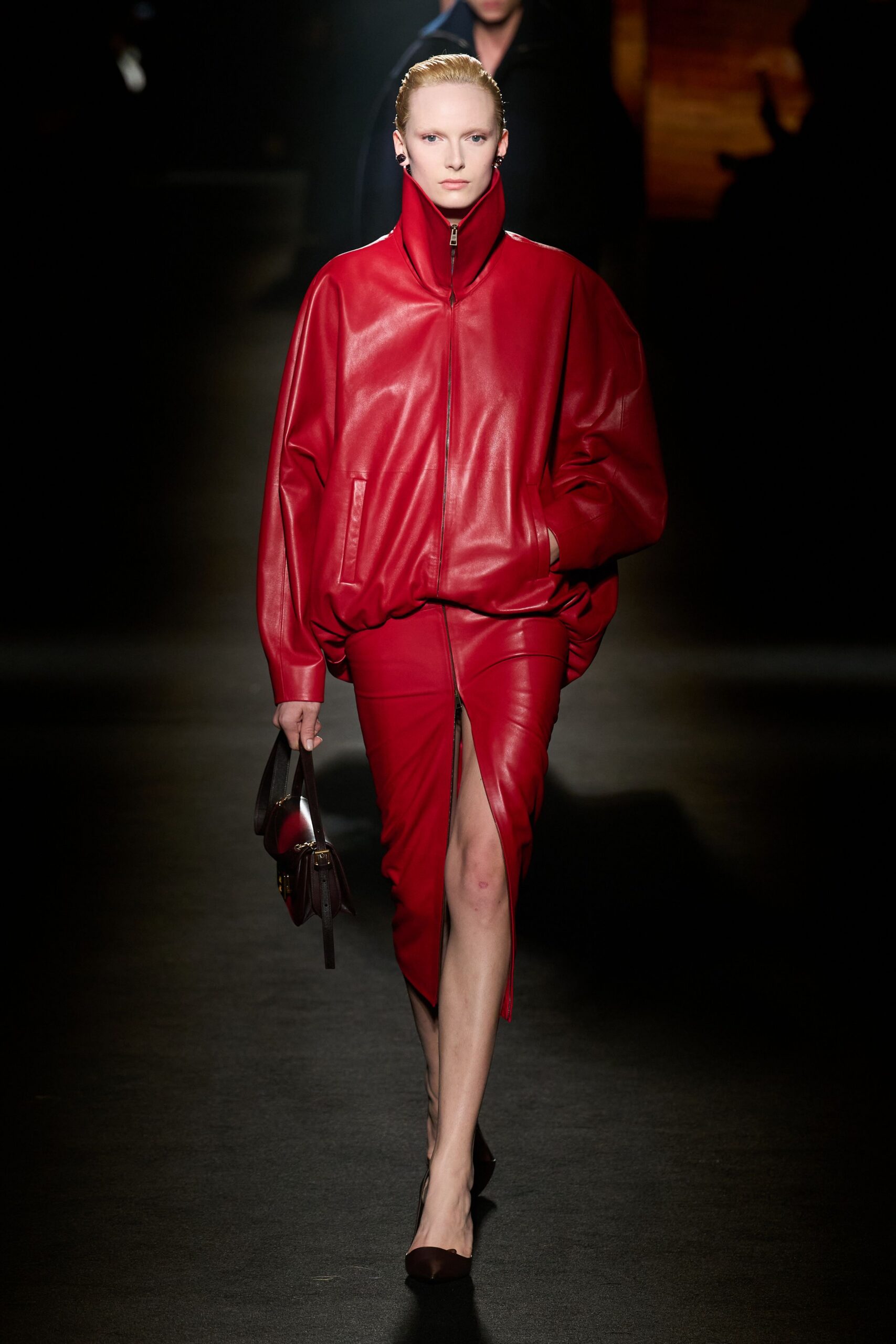 red leather long-sleeve collared oversized jacket