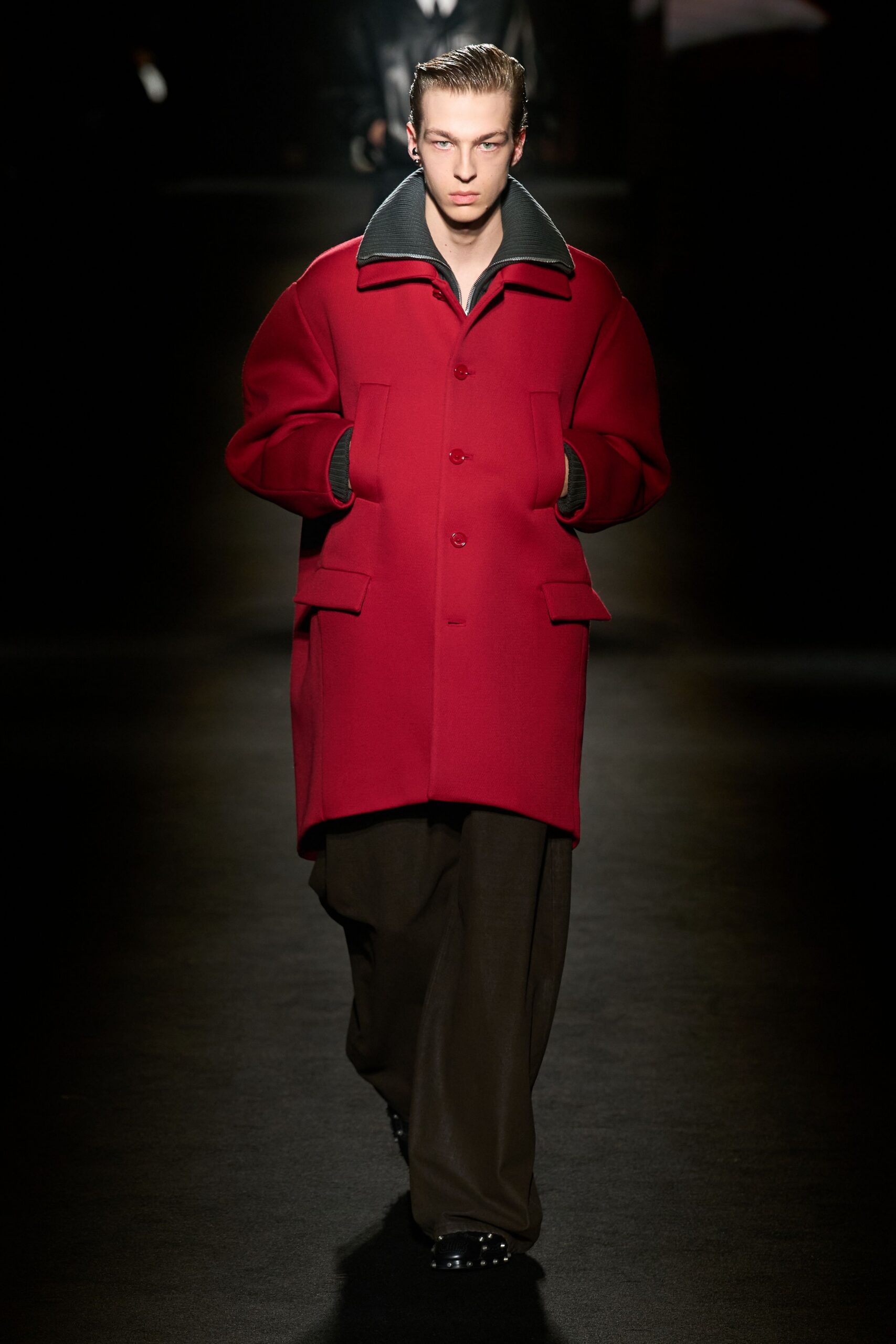red wool long-sleeve collared relaxed coat