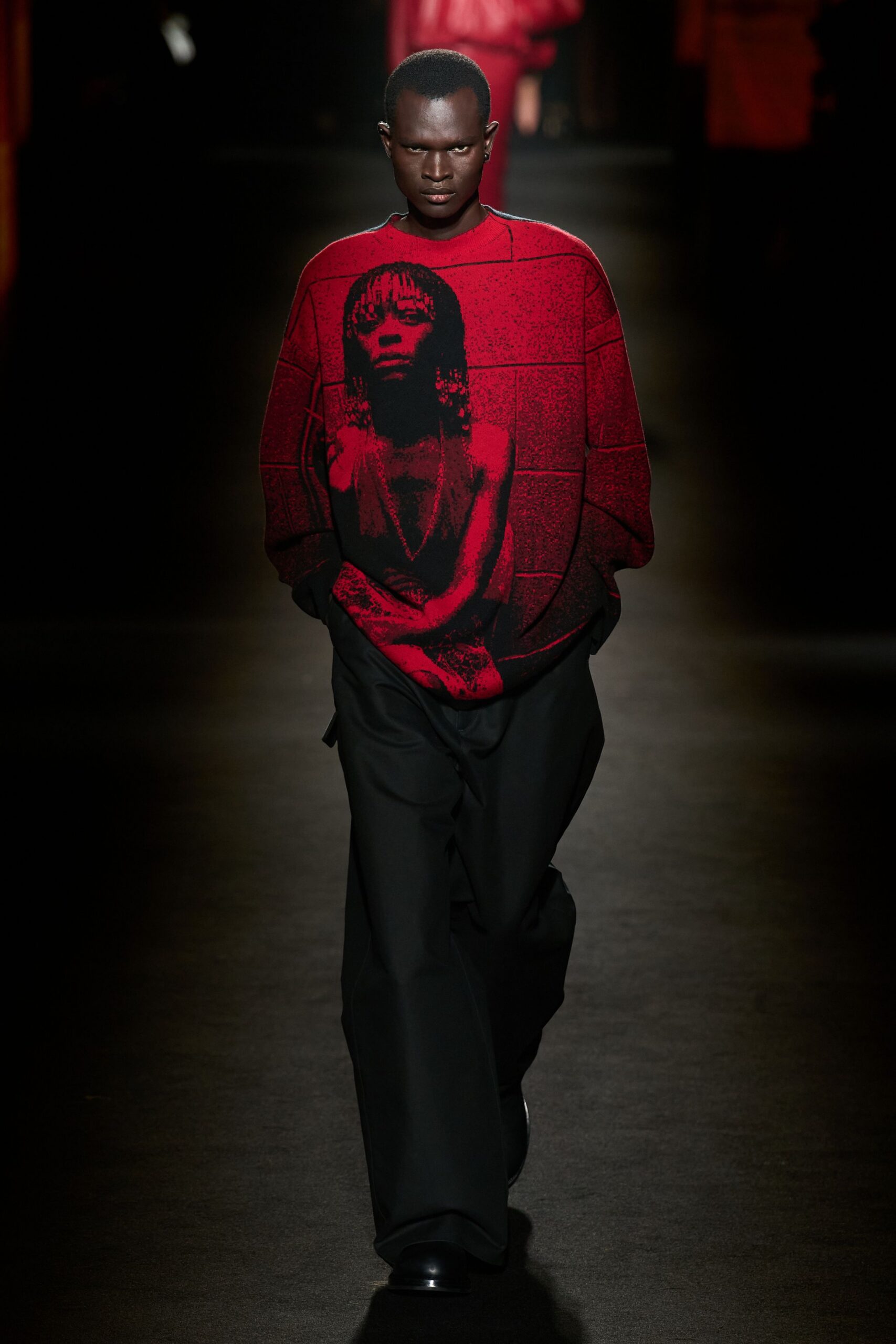 red cotton long-sleeve collared oversized printed sweater