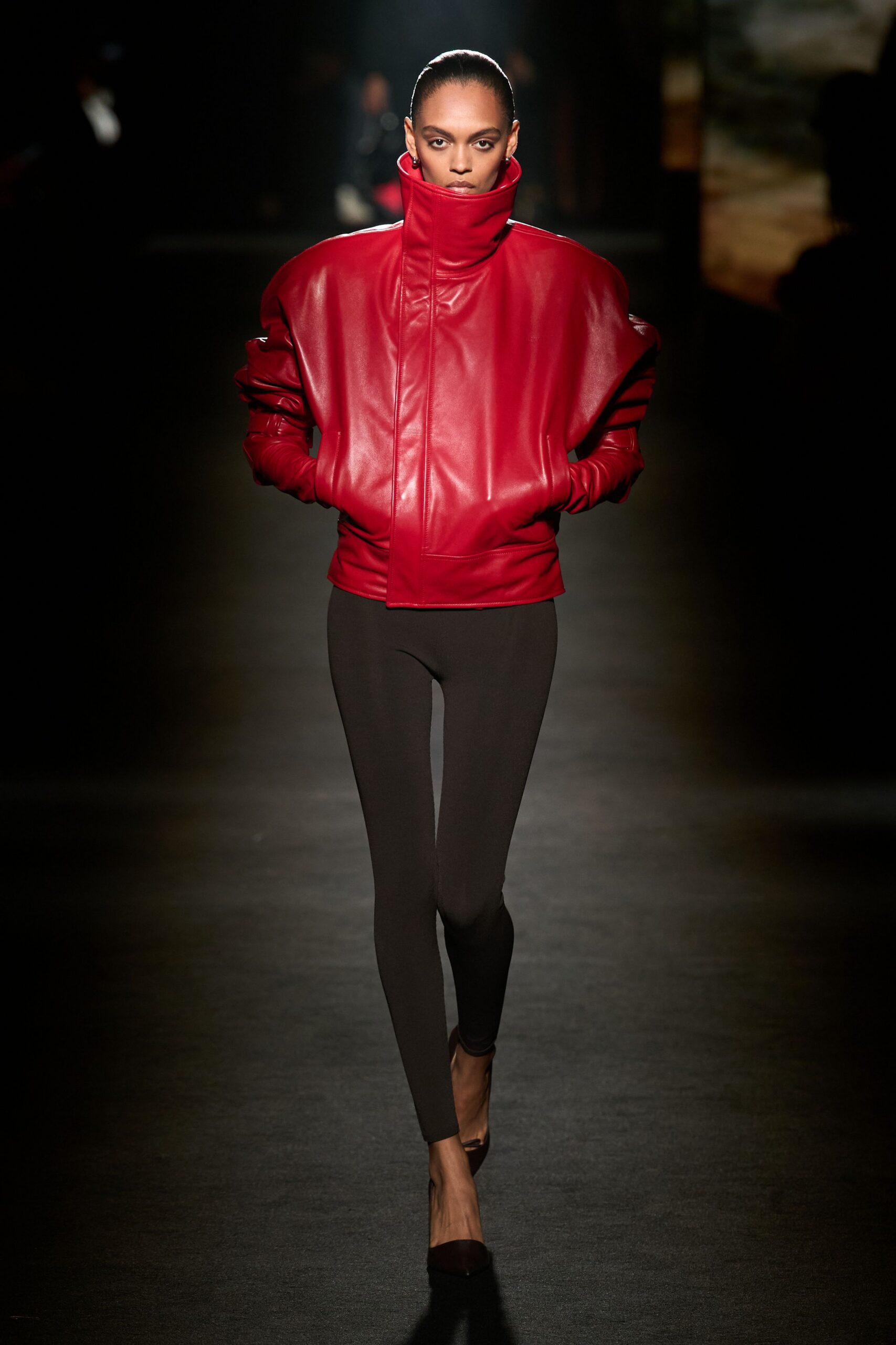 red leather long-sleeve high-neck fitted jacket