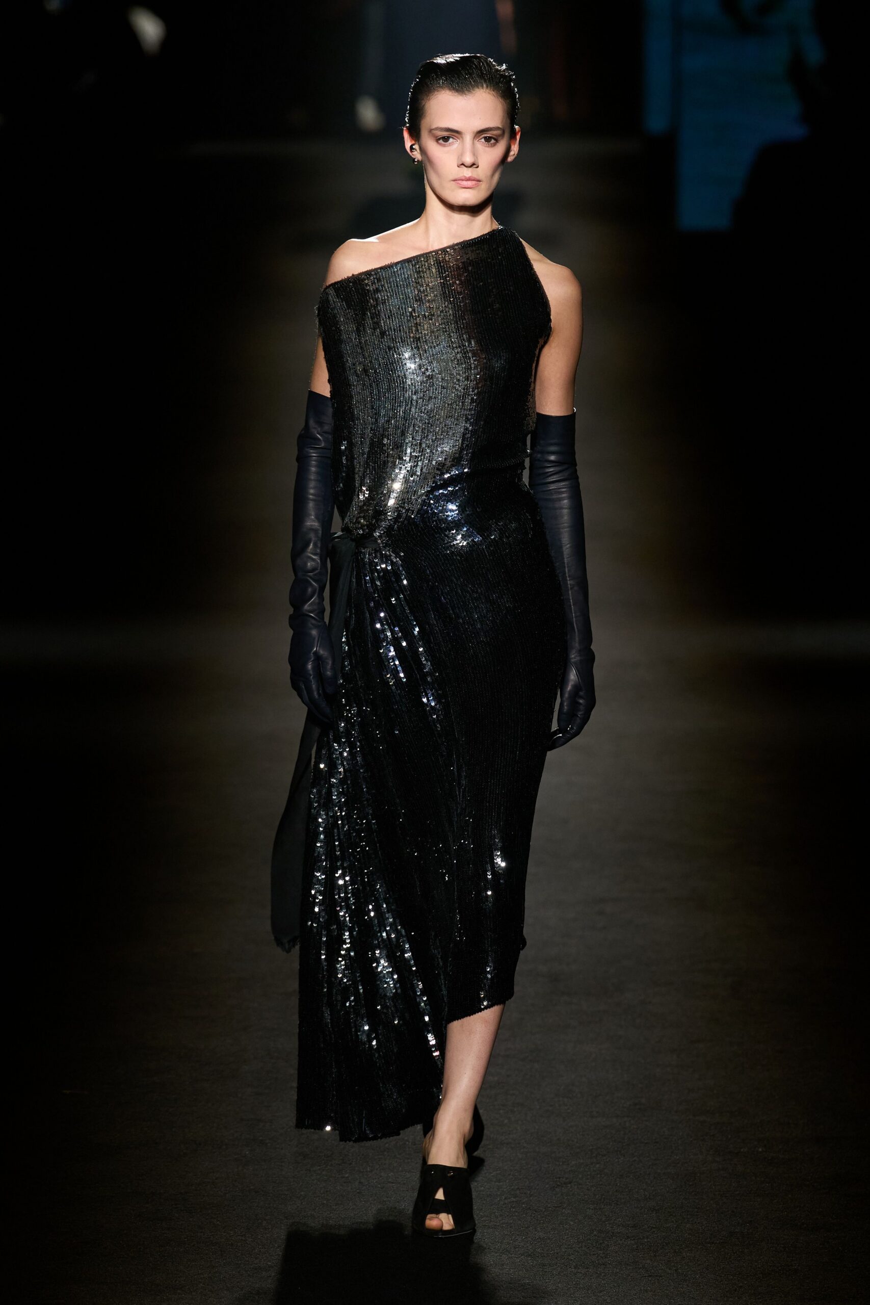 black sequin sleeveless off-shoulder fitted draped shiny gown
