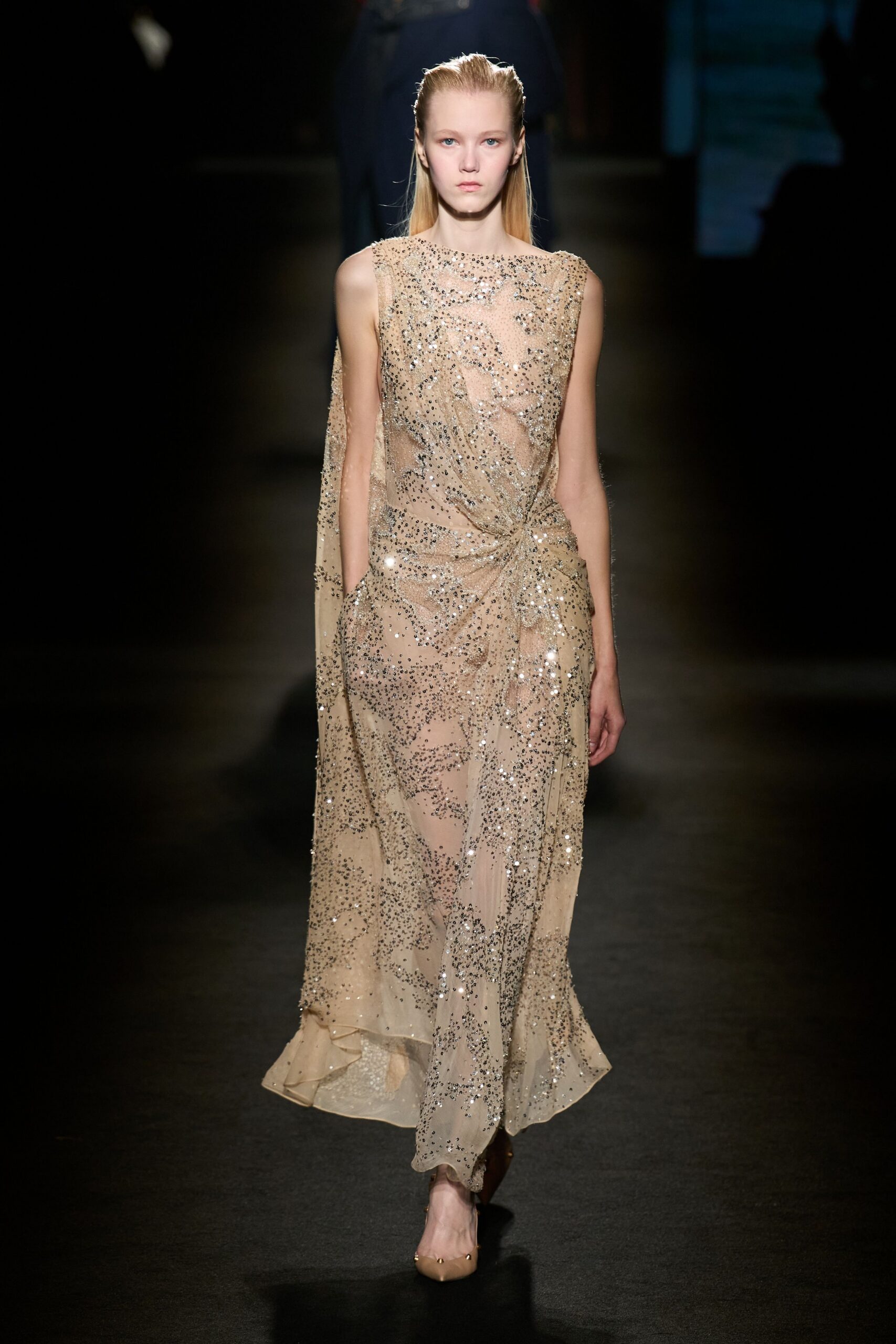 beige silk sleeveless gown