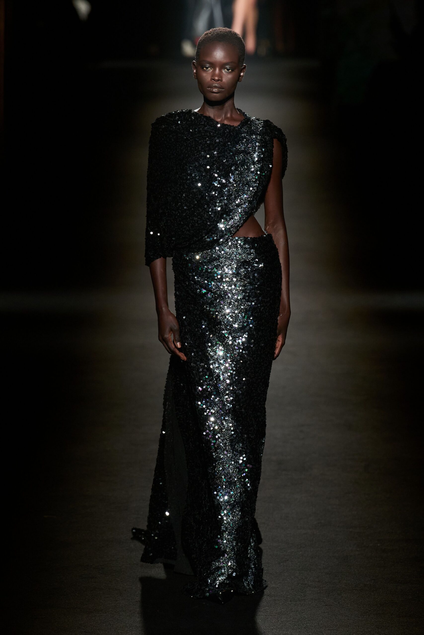 black sequin off-shoulder gown