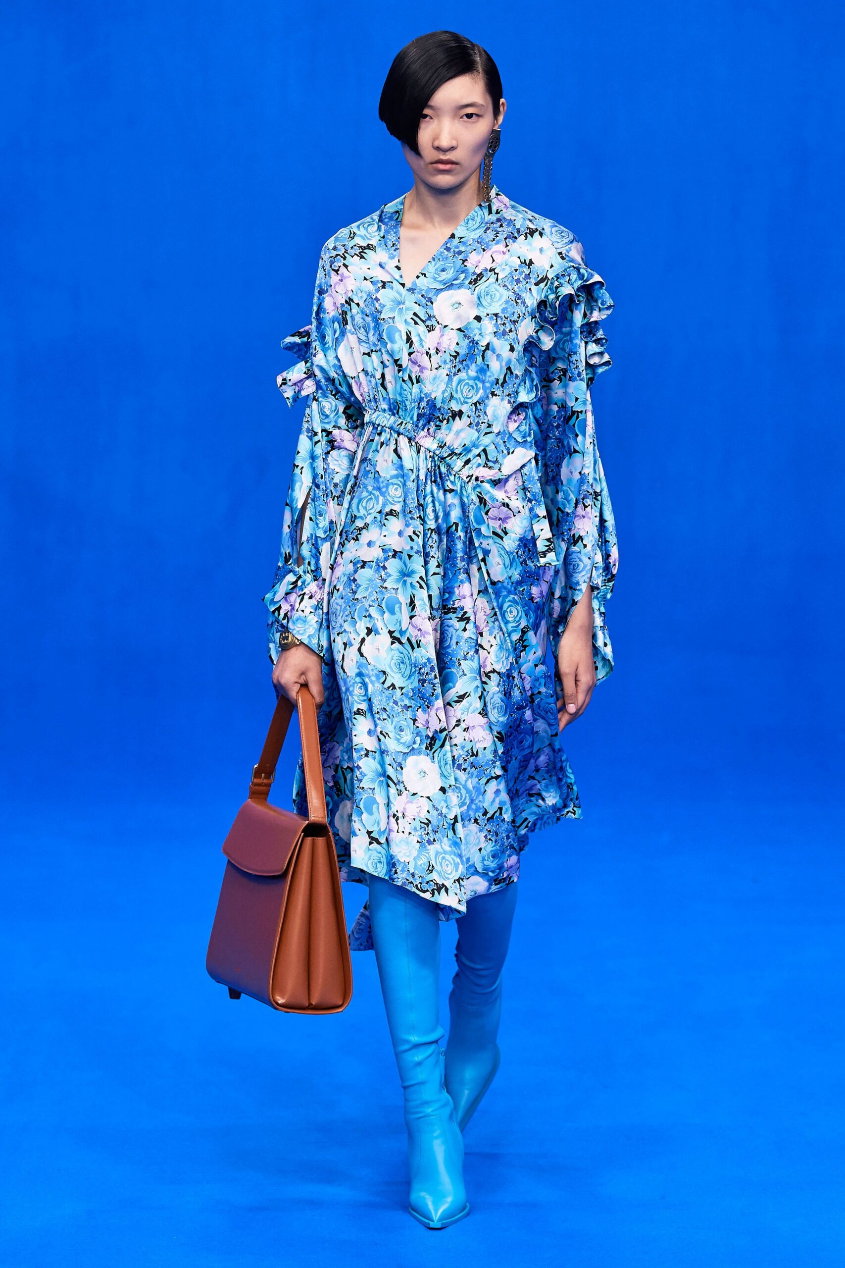 blue floral midi dress with boots