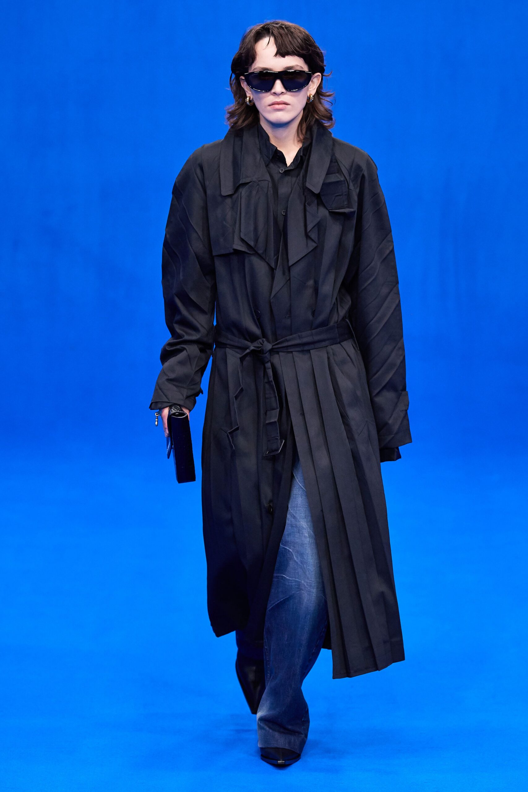 black coat with wide-leg pants