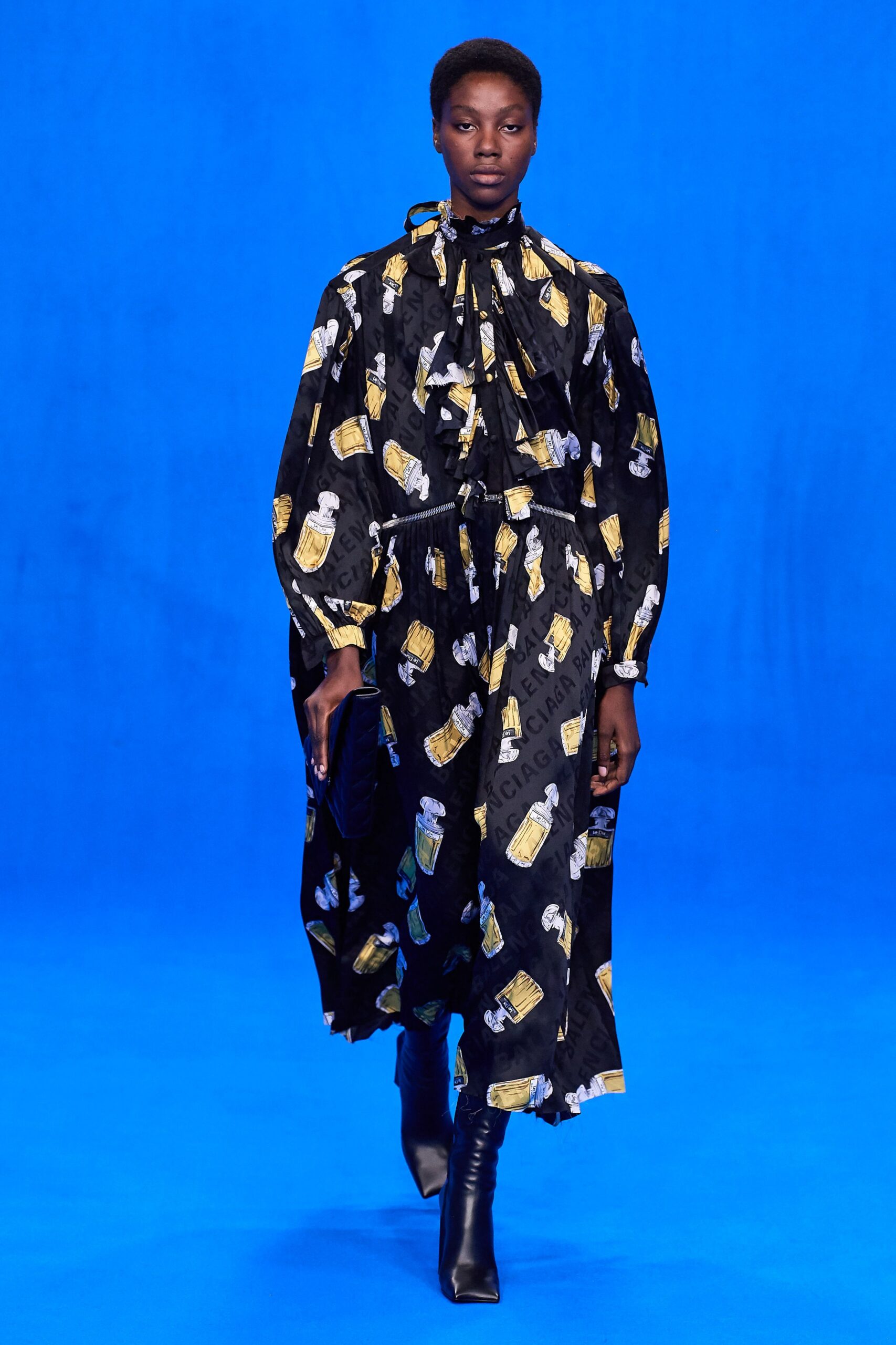 black printed maxi dress with boots