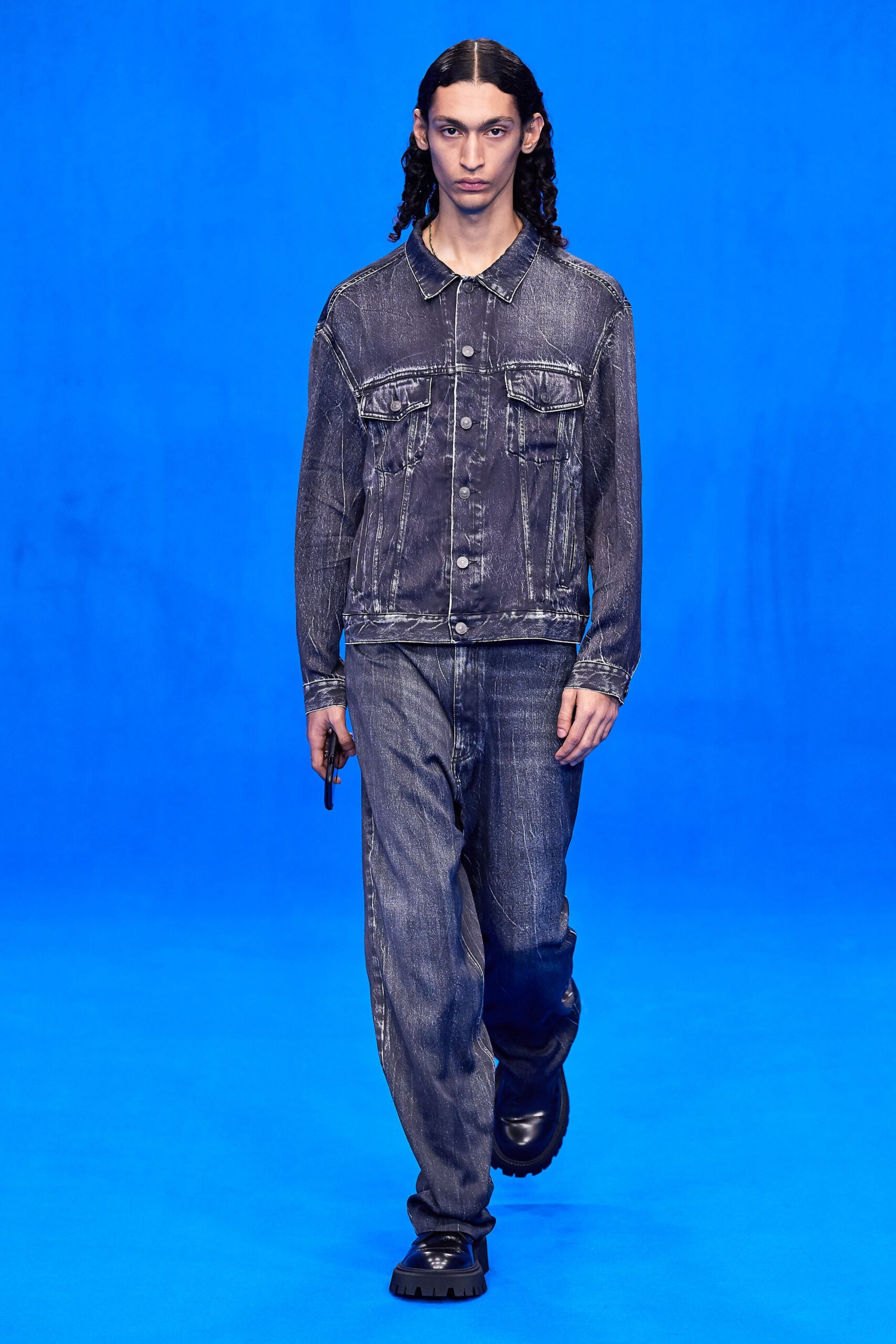 blue denim jacket with relaxed pants