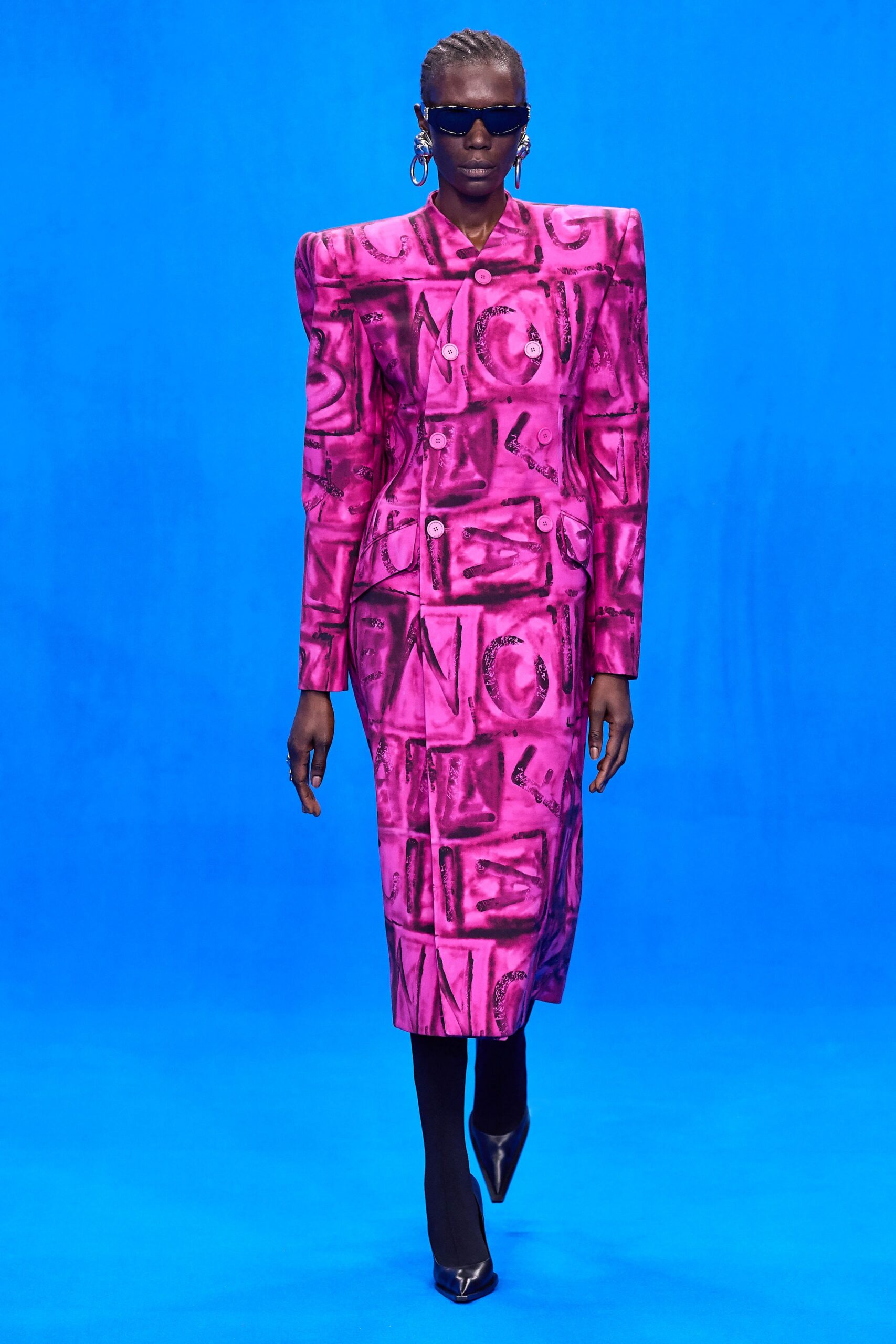 pink printed blazer and skirt