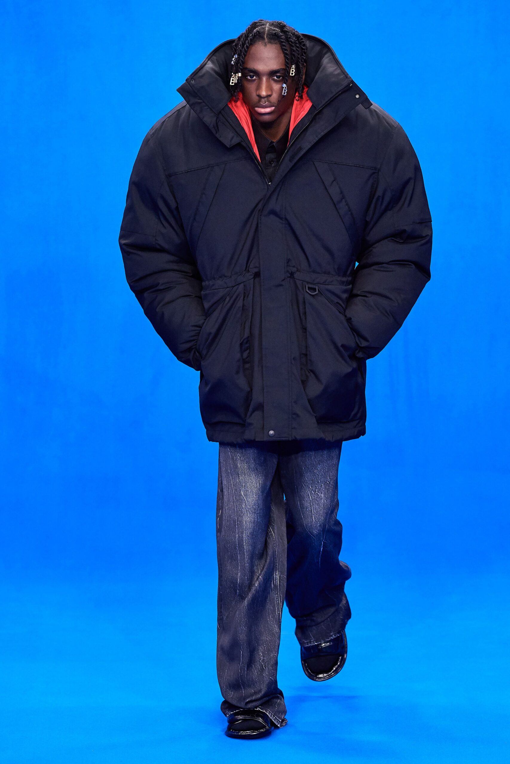 oversized black coat with red shirt