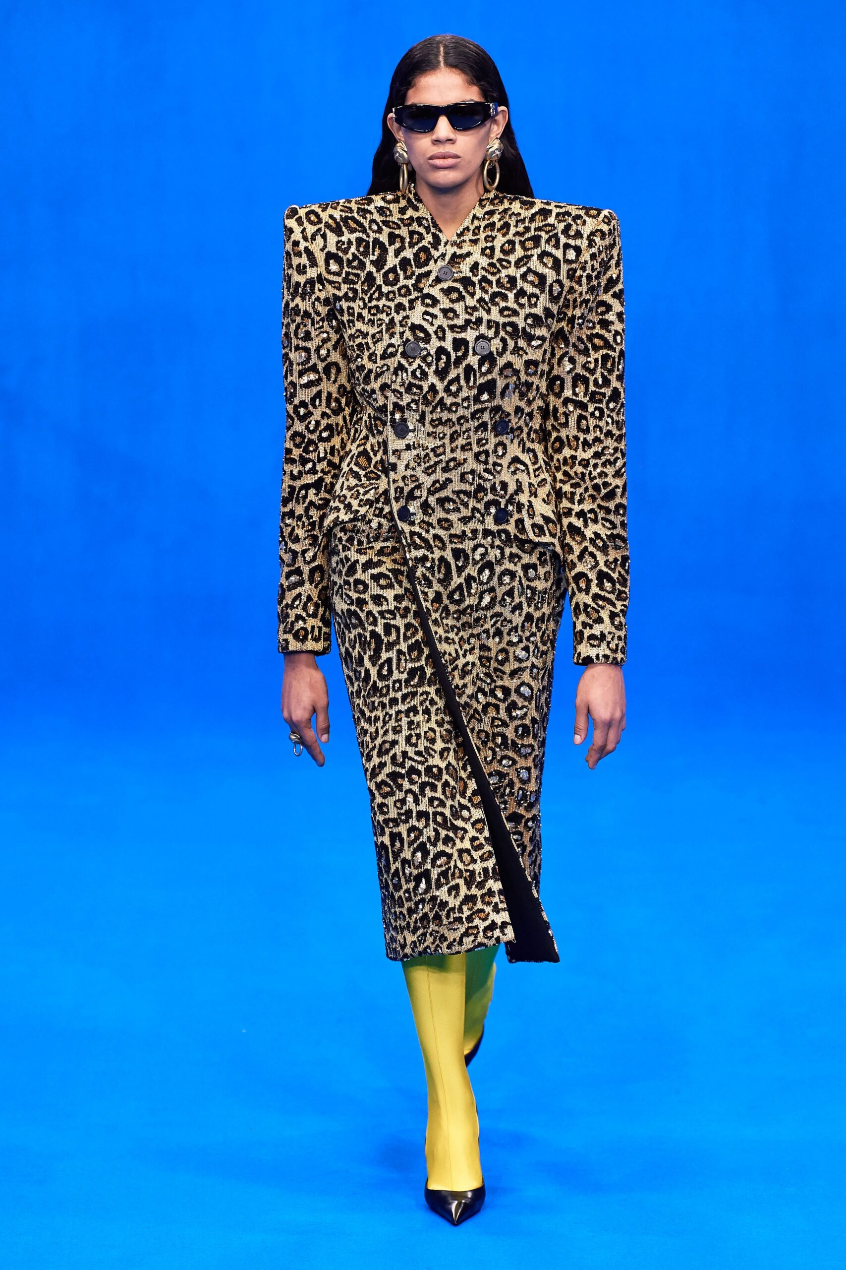 animal-print midi dress with yellow boots